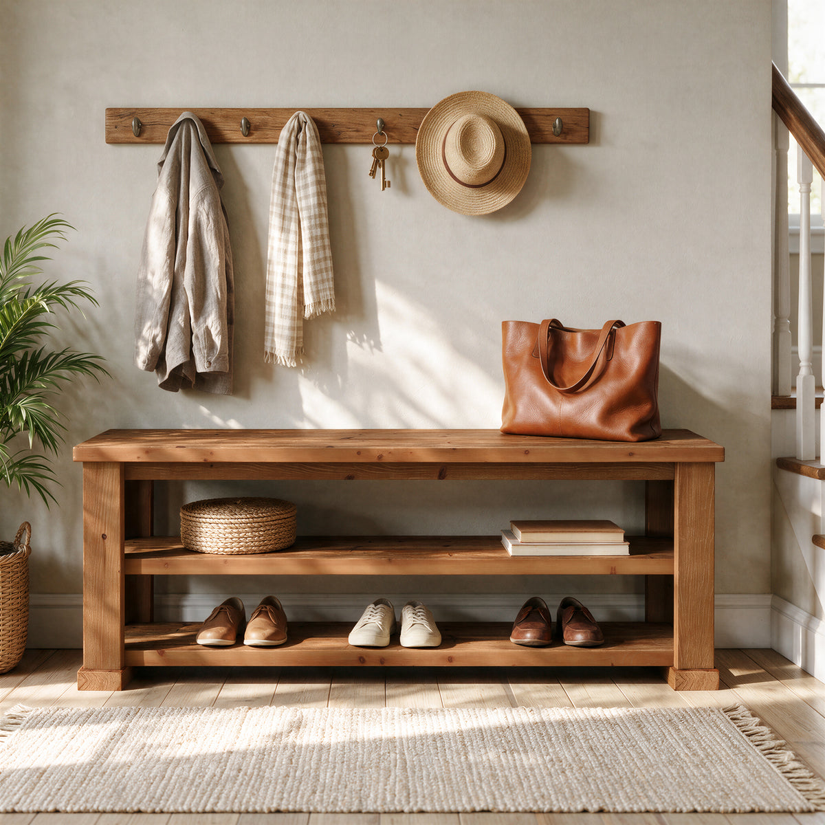 63" Rustic Solid Wood Entryway Bench, 3-Tier Shoe Storage, Reinforced Legs