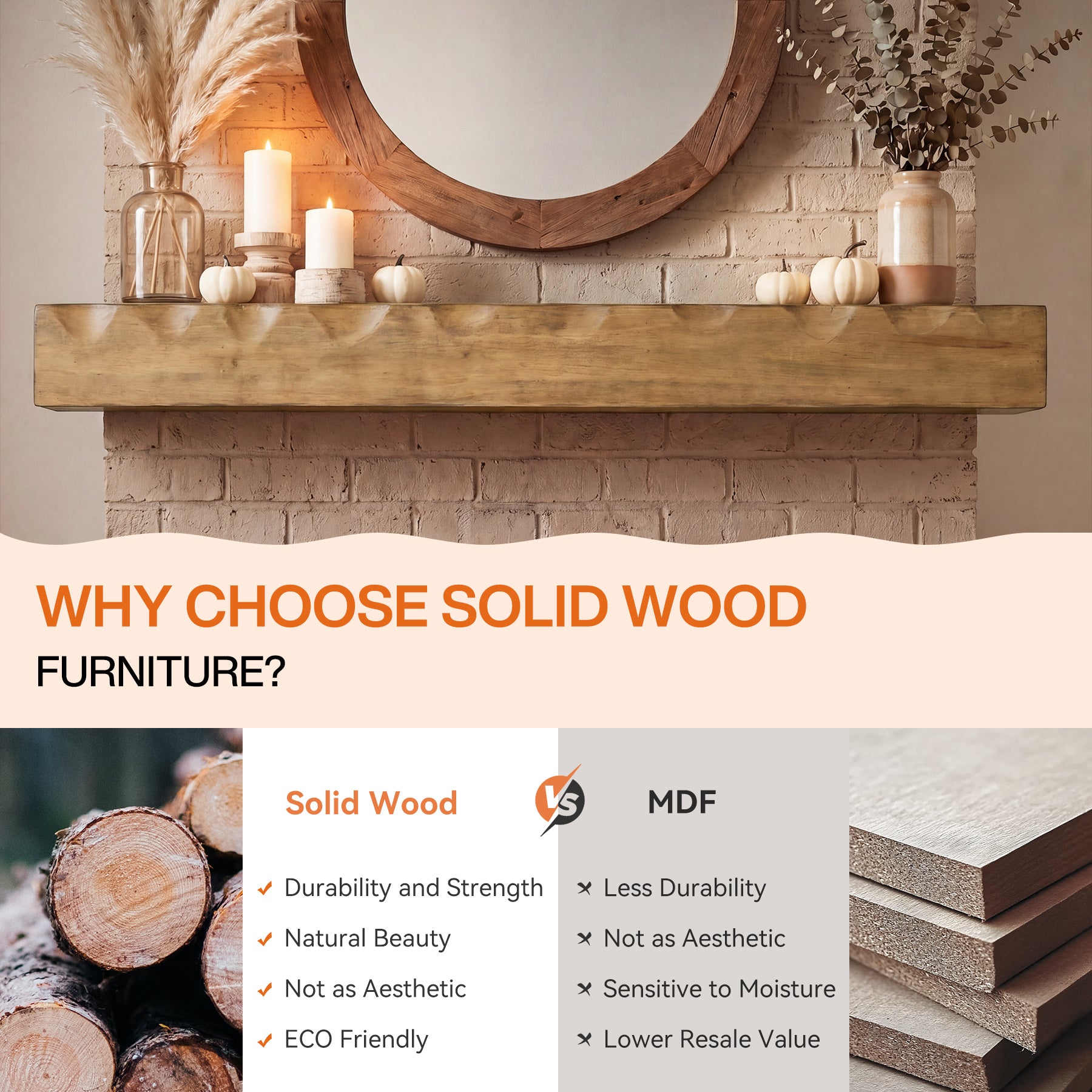 63" Fireplace Mantel Shelf, Solid Wood Wall Floating Mantel Shelf for Over Fireplace