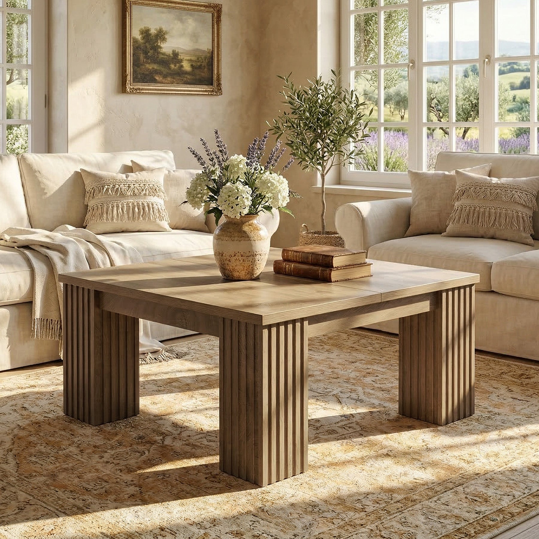 39" Square Coffee Table, Farmhouse Center Table with Fluted Legs