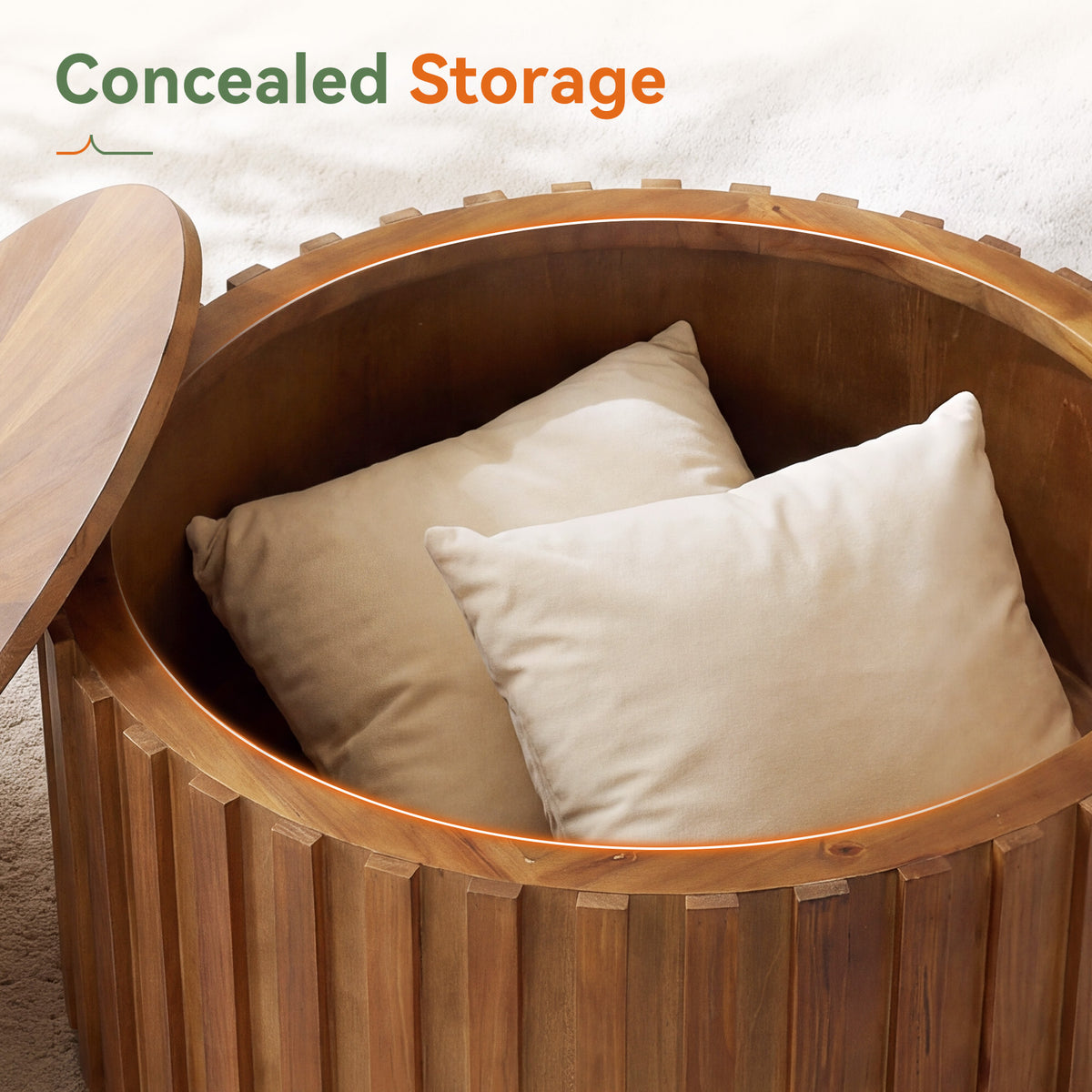 Solid Wood Round Coffee Table, 31.5" Fluted Drum Tea Table with Hidden Storage, No Assembly