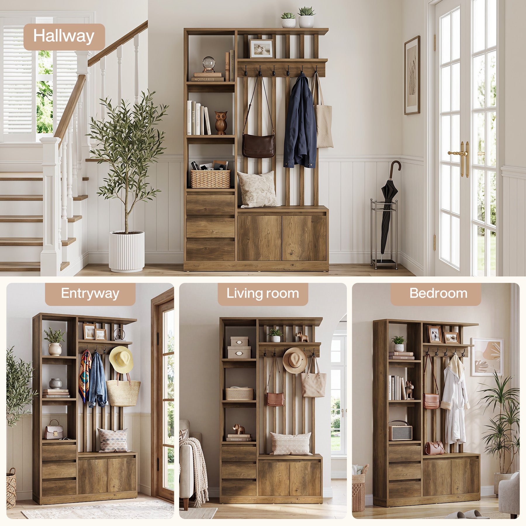 Hall Tree with Bench & Shoe Storage, Farmhouse 6 Hooks, 3 Shelves, 5 Shoe Cubbies, Entryway