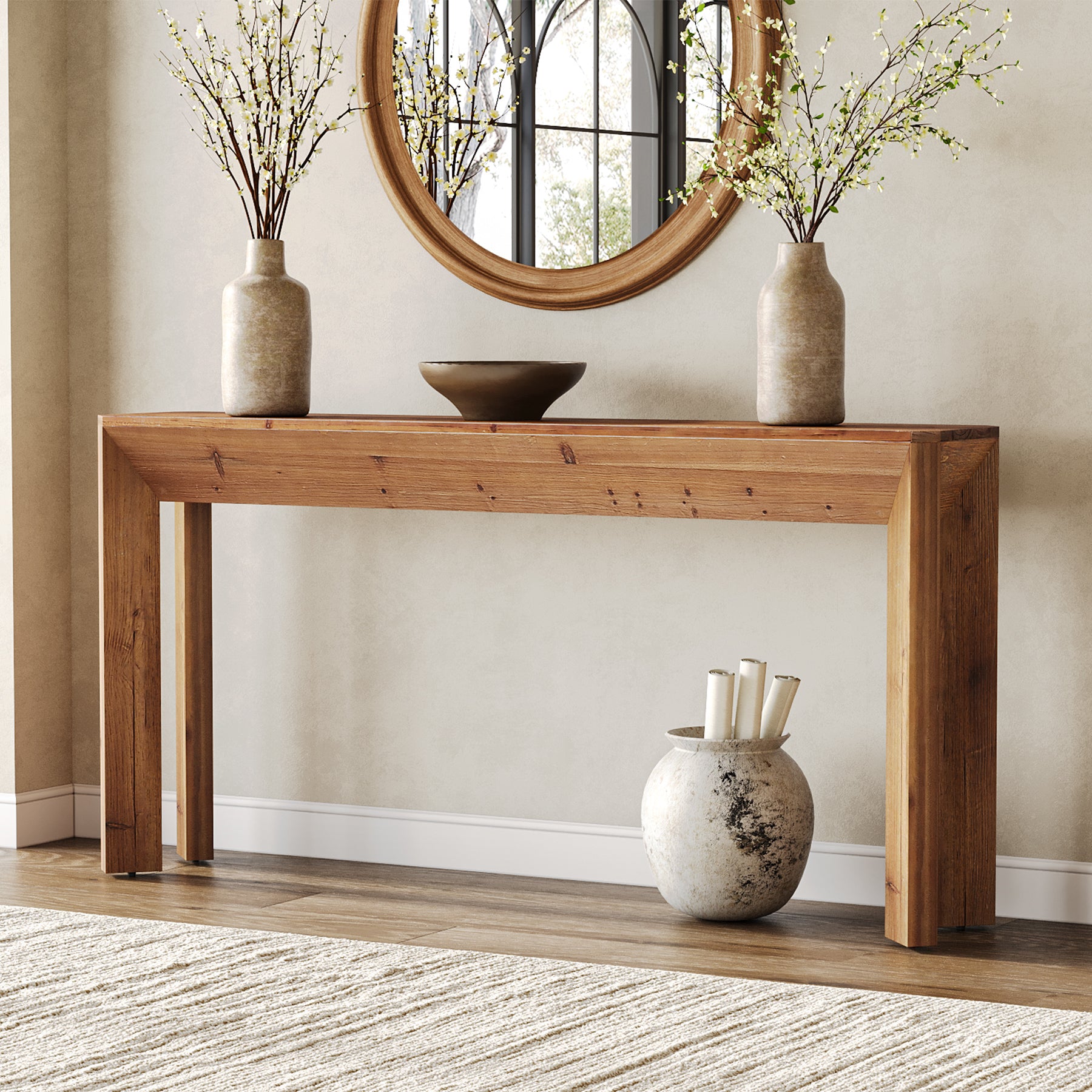 Solid Wood Console Table, 63" Entryway Table with Integrated Splayed Legs