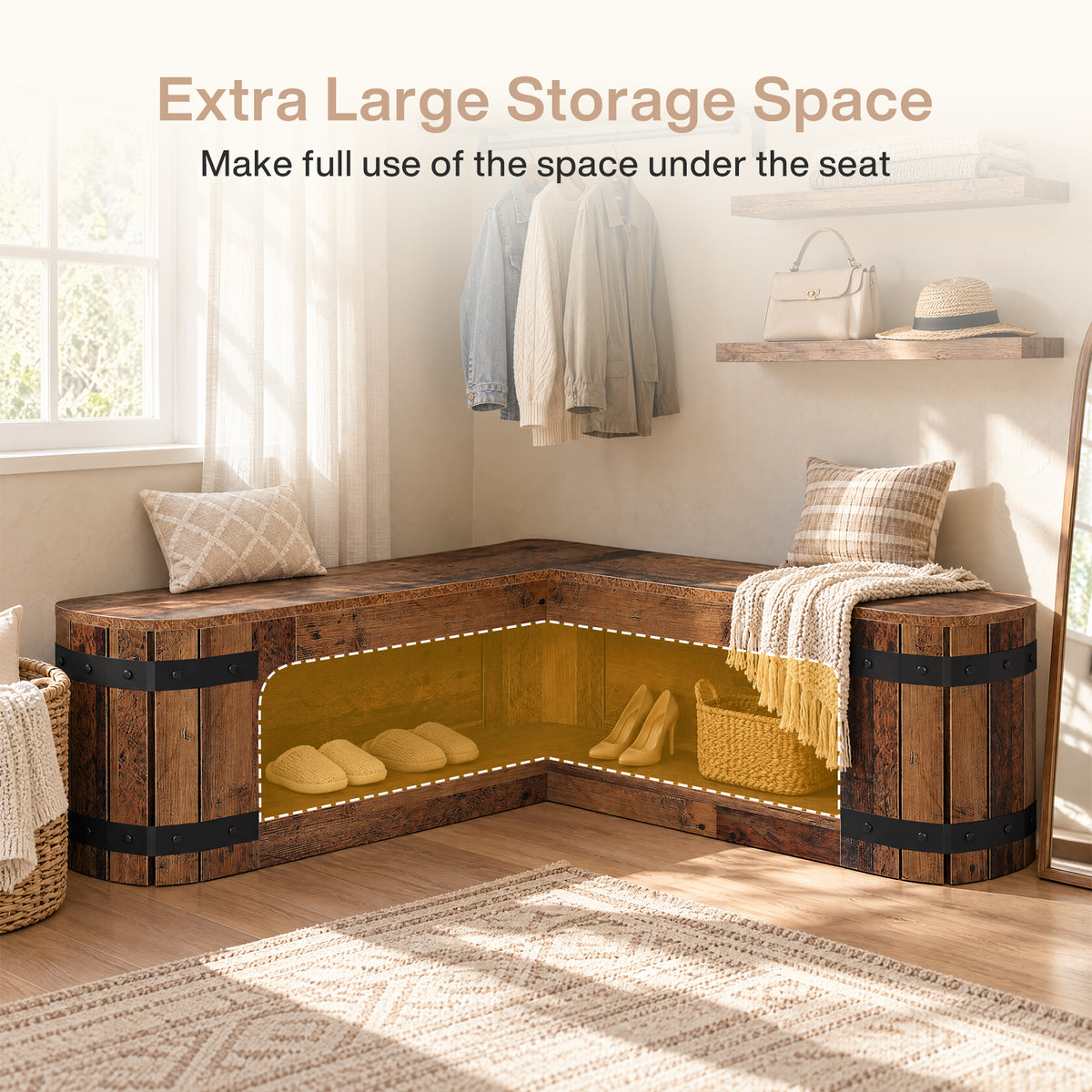 47" L-Shaped Solid Wood Shoe Storage Bench, Corner Entryway Shoe Organizer
