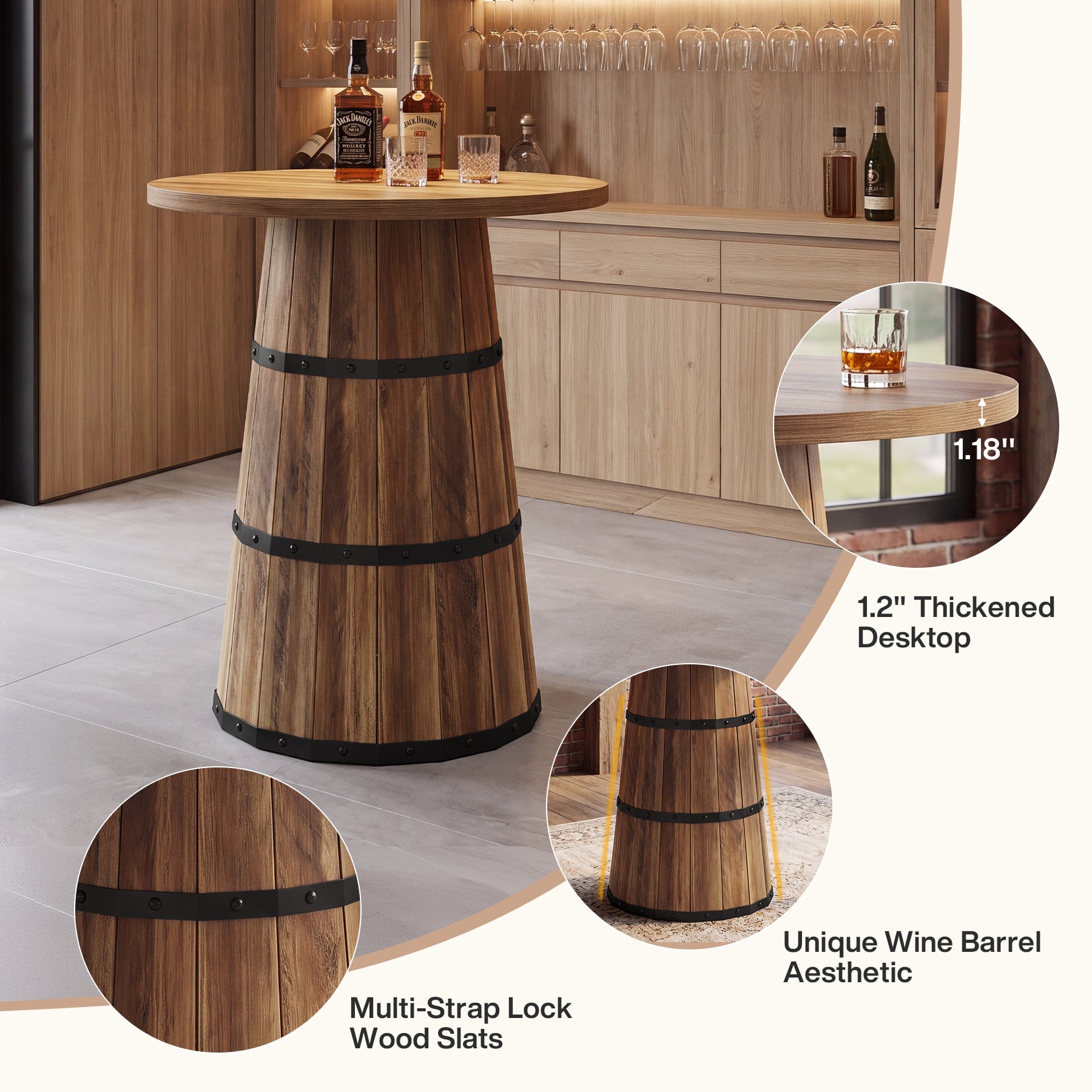 31.5" Round Bar Table, Farmhouse Pub Height Table with Barrel Base for Home Bar, Kitchen