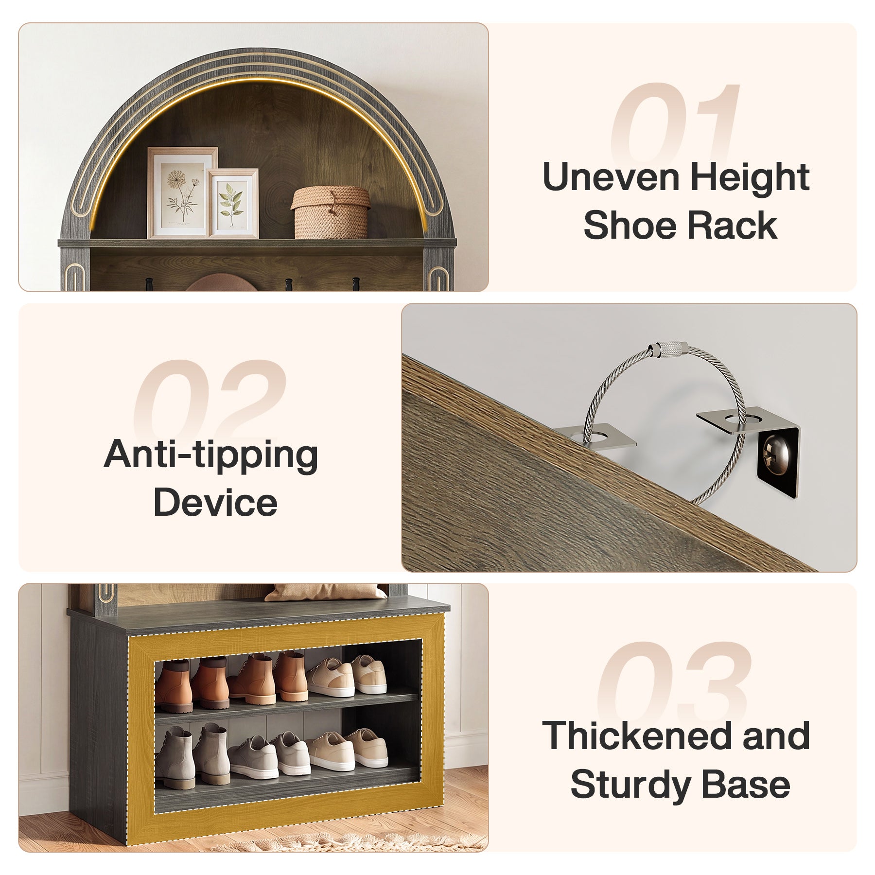 71" Hall Tree with Bench & Shoe Storage, Farmhouse Entryway Coat Rack, 4 Hooks, Open Shelf