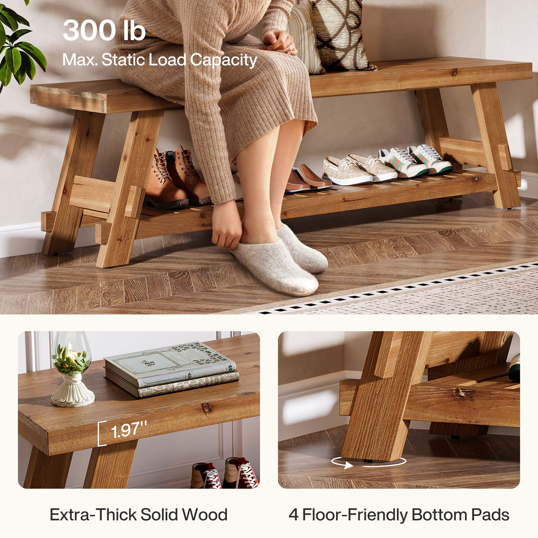 63" Solid Wood Shoe Bench, 2-Tier Entryway Bench with Storage Shelf