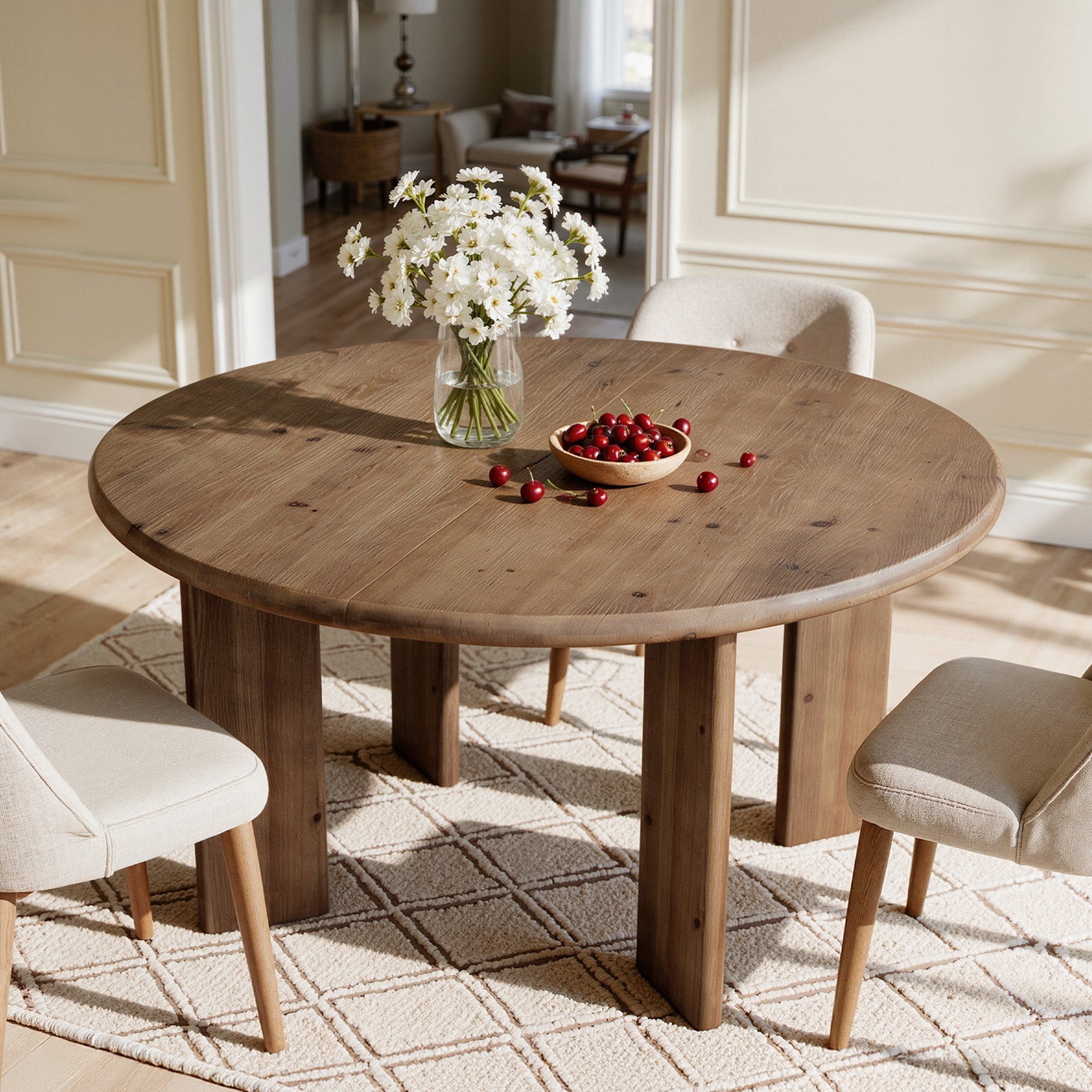 47" Round Dining Table for 4-6, Farmhouse Solid Wood, 4 Thick Pillar Legs, Kitchen Table