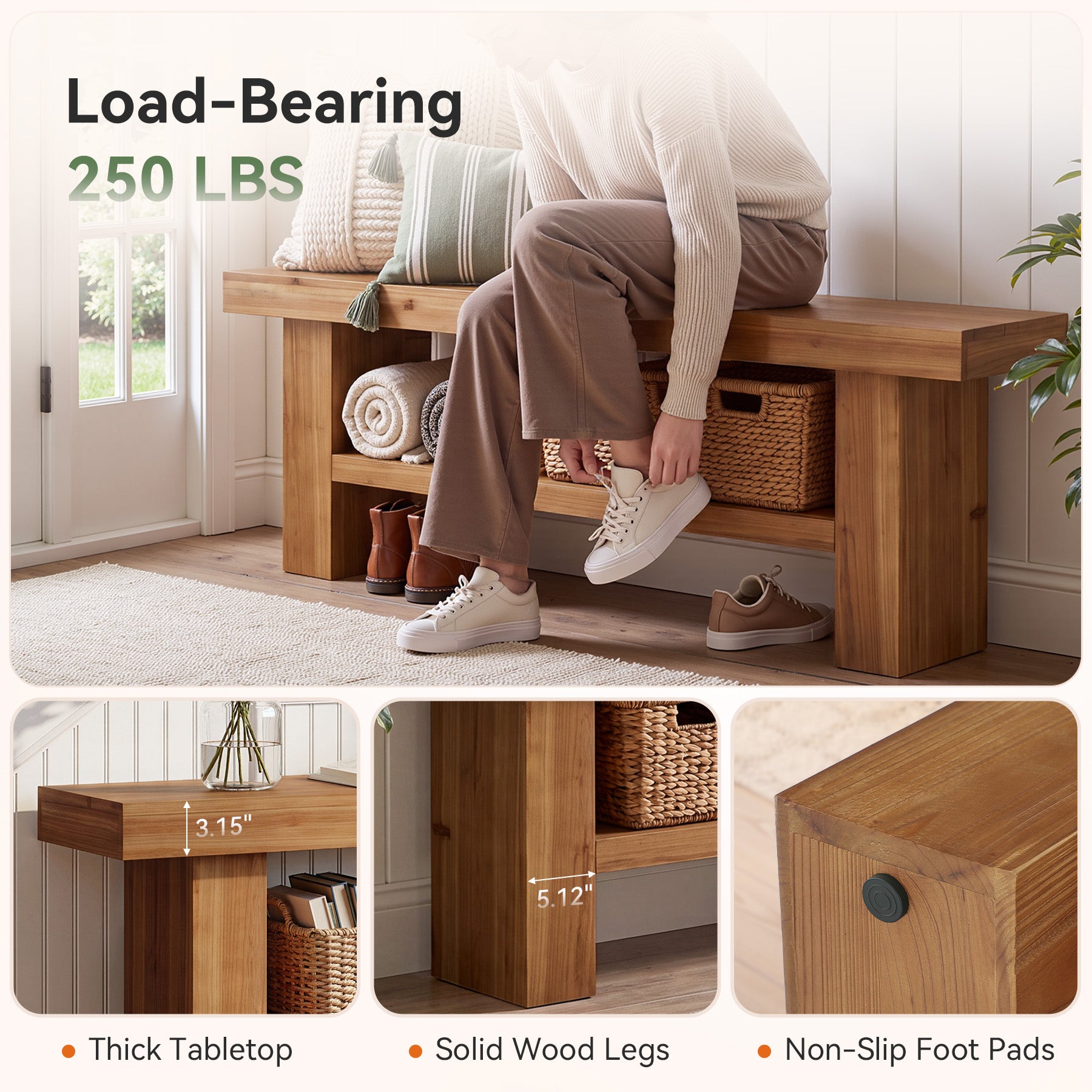 63" Solid Wood Entryway Bench, 2-Tier End of Bed Bench for Hallway, Bedroom