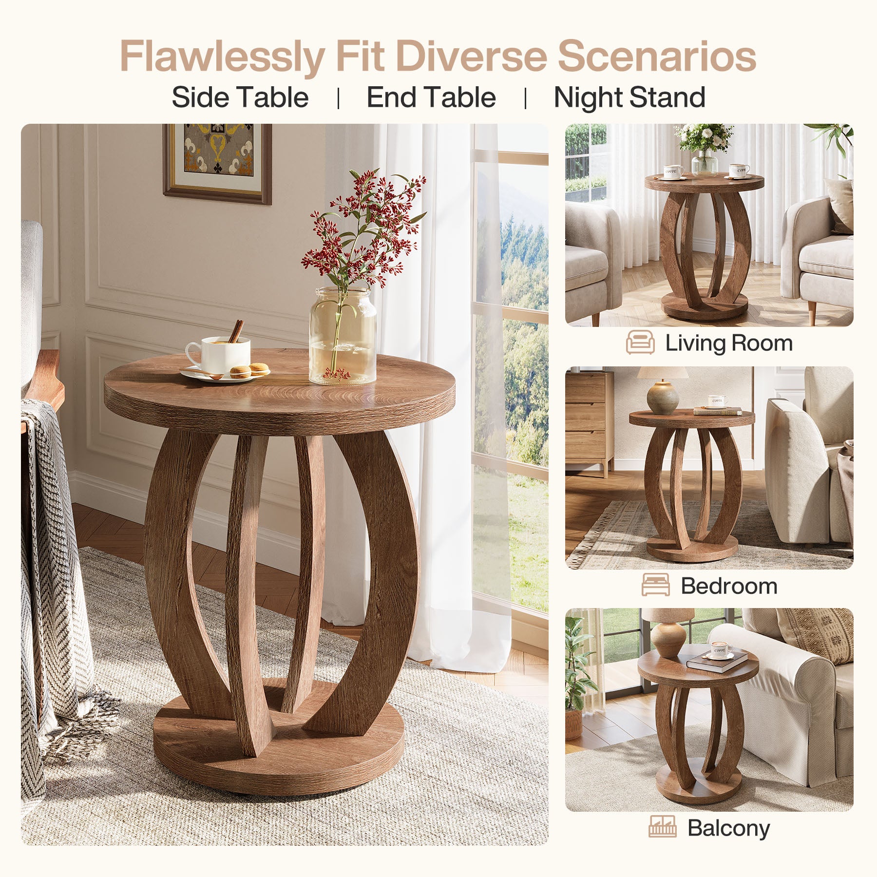 Round End Table, Accent Side Table with Storage for Small Space