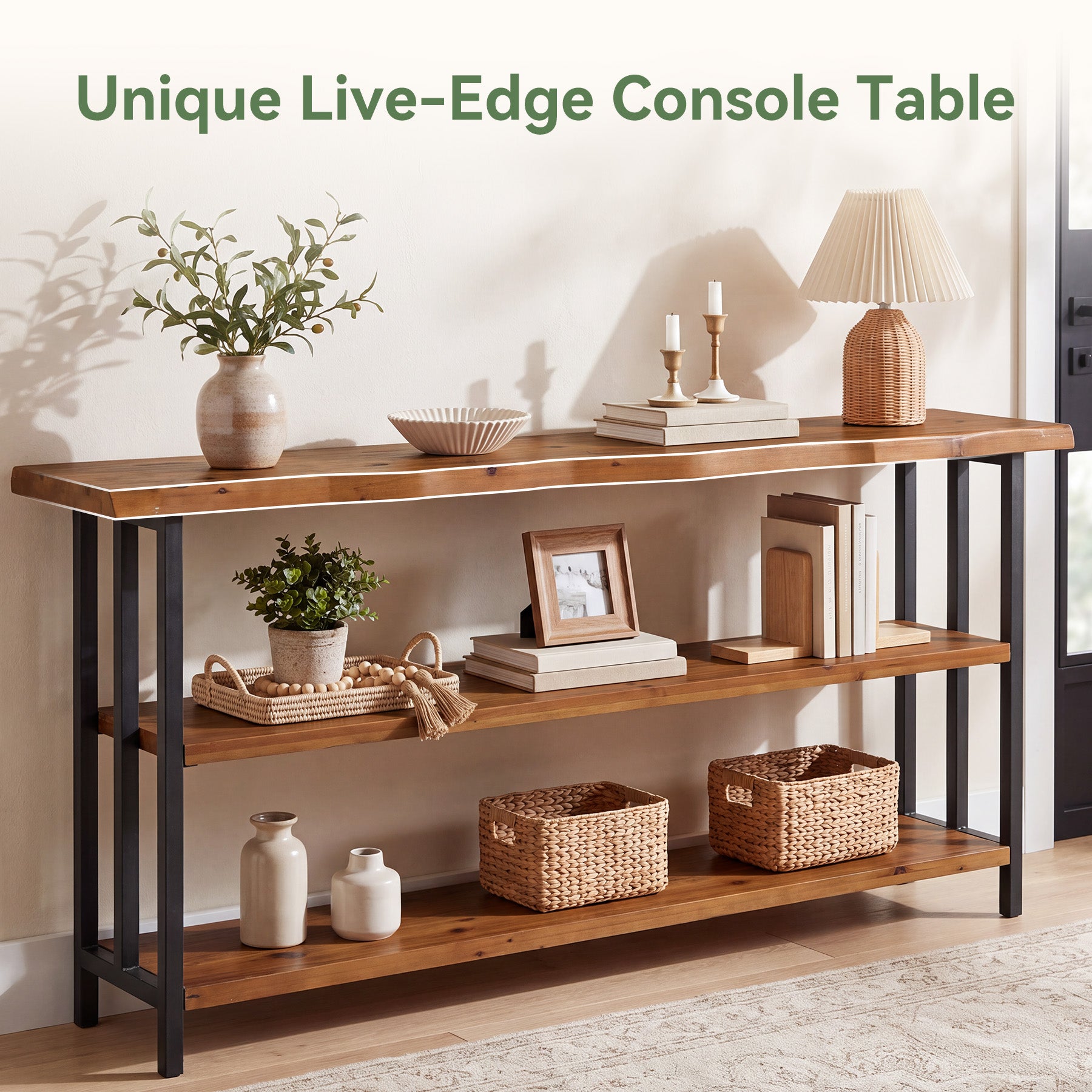63" Live Edge Console Table, Farmhouse Solid Wood 3-Tier Shelves