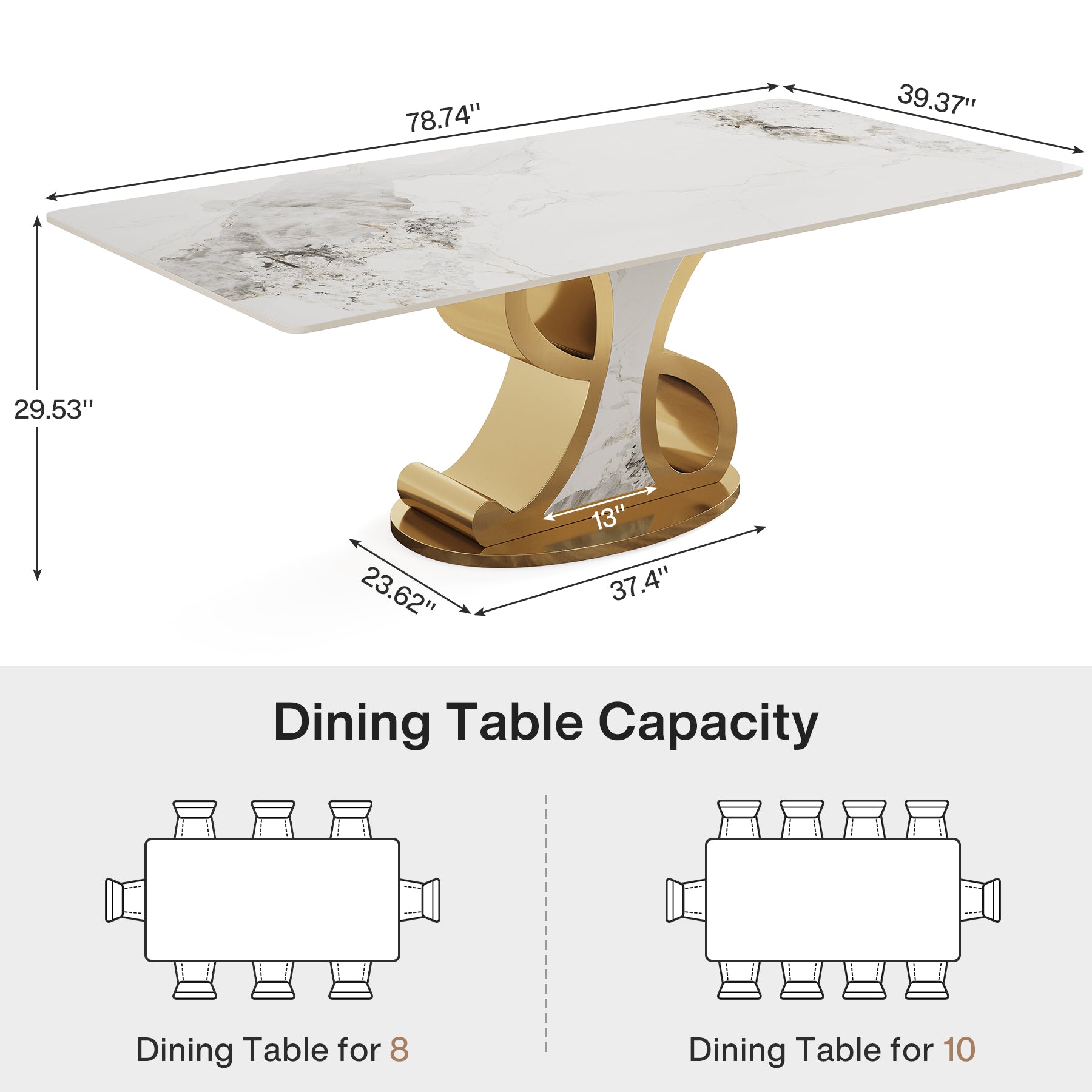 78.7" Sintered Stone Dining Table, Luxury Kitchen Table with Stainless Steel Base for 8-10