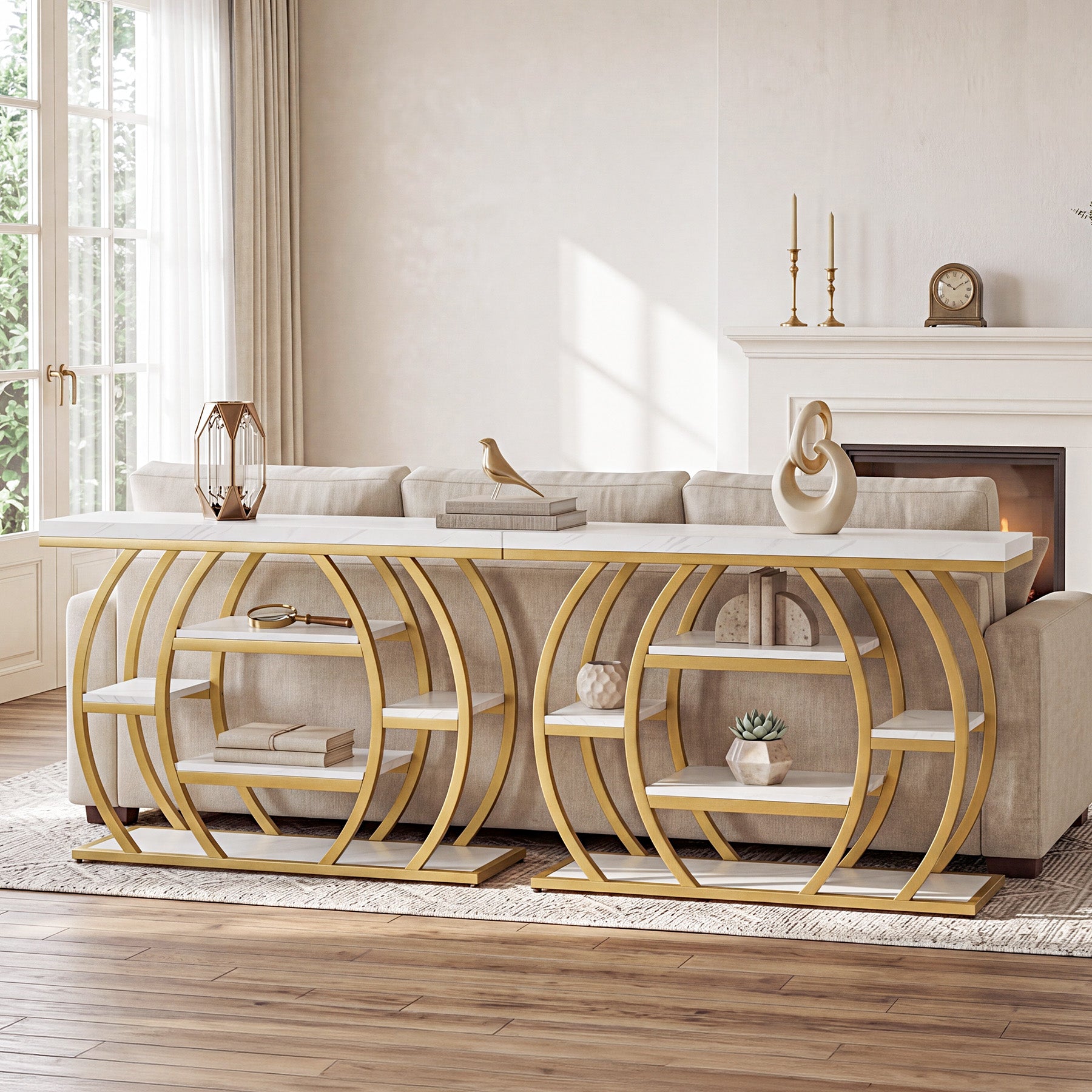 41" Gold Entryway Console Table with Faux Marble Top, Narrow Sofa Table with 5-Tier Storage Shelves