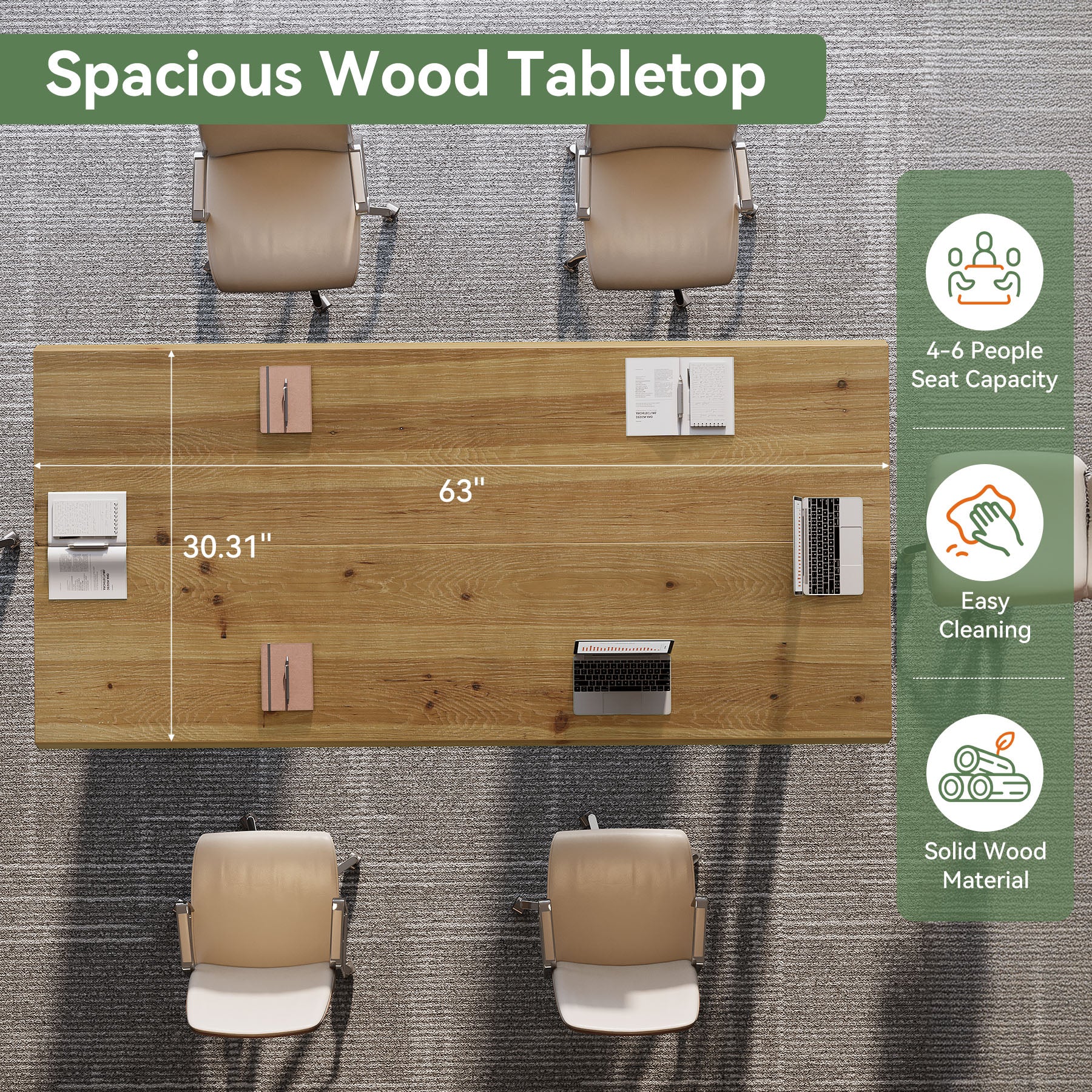 63" Solid Wood Conference Table, Farmhouse Computer Desk with Metal Legs