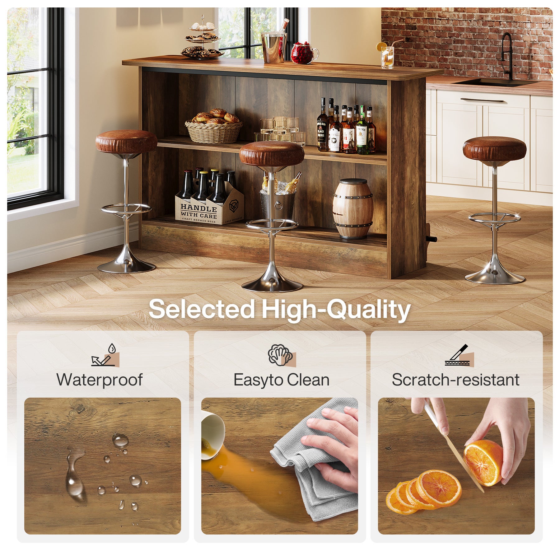 63" Home Bar Unit, 2-Tier  Bar Table Coffee Cabinet with Footrest