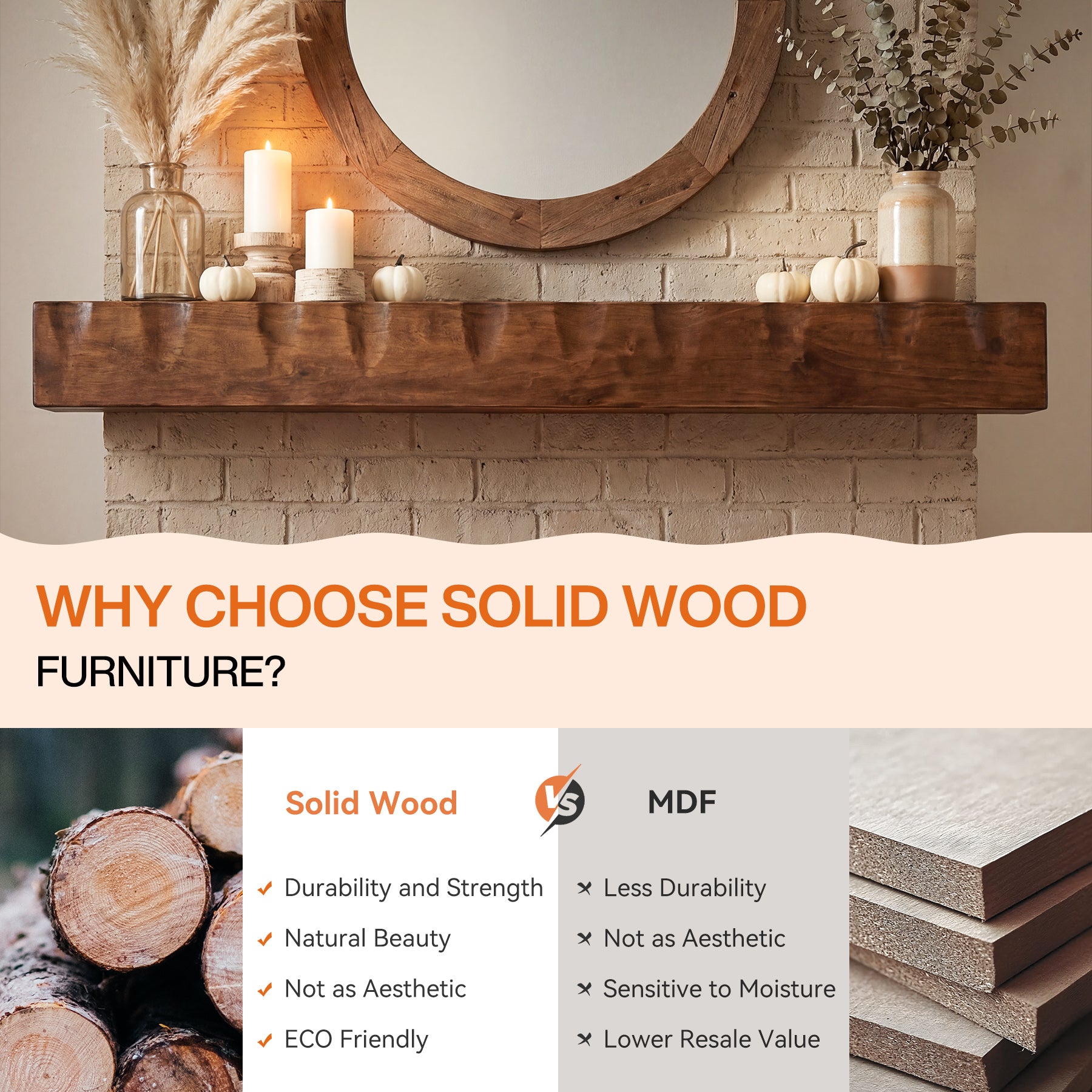 63" Fireplace Mantel Shelf, Solid Wood Wall Floating Mantel Shelf for Over Fireplace