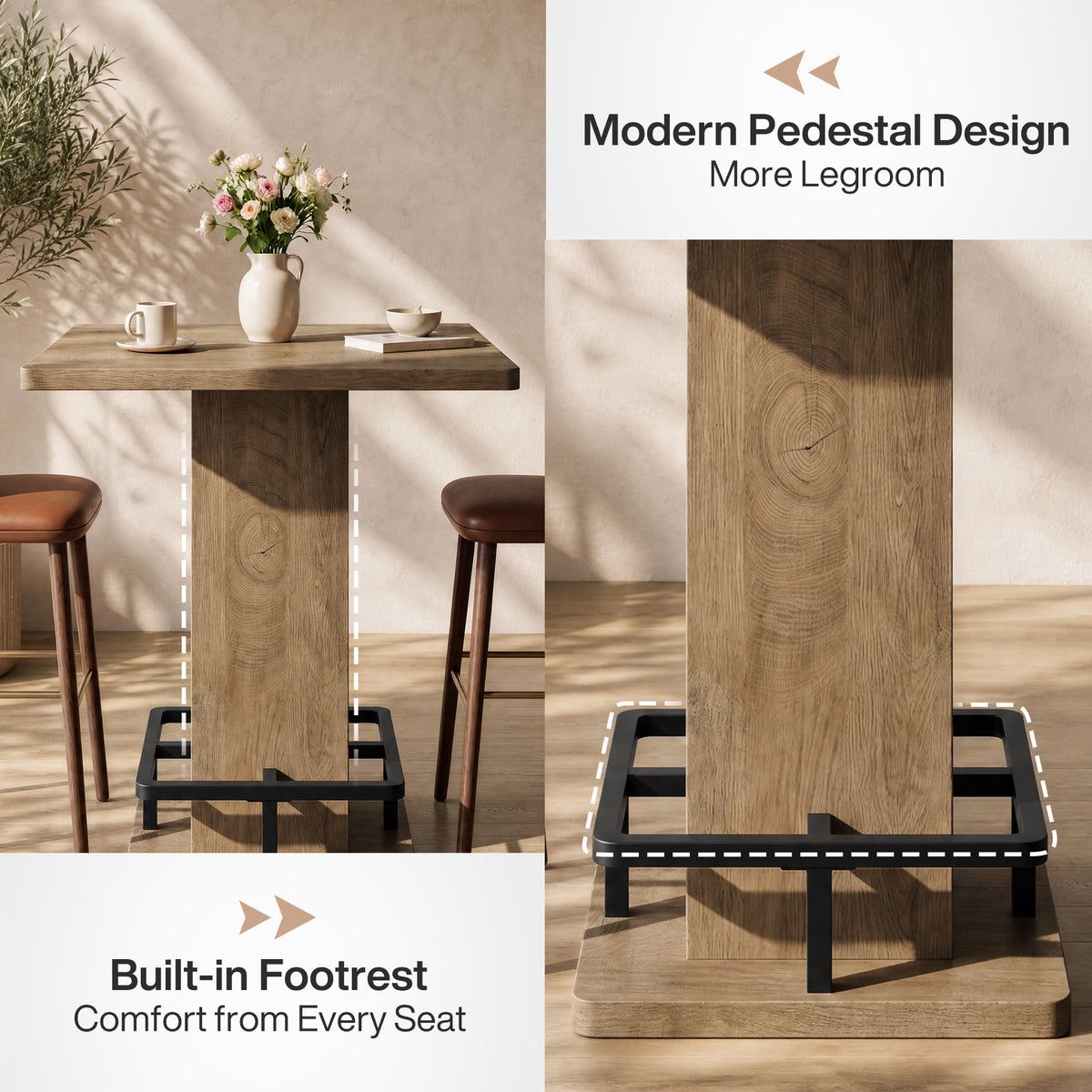 31.5" Square Bar Table, Pedestal Base & Built-in Footrest, Pub Table Home Bar Kitchen