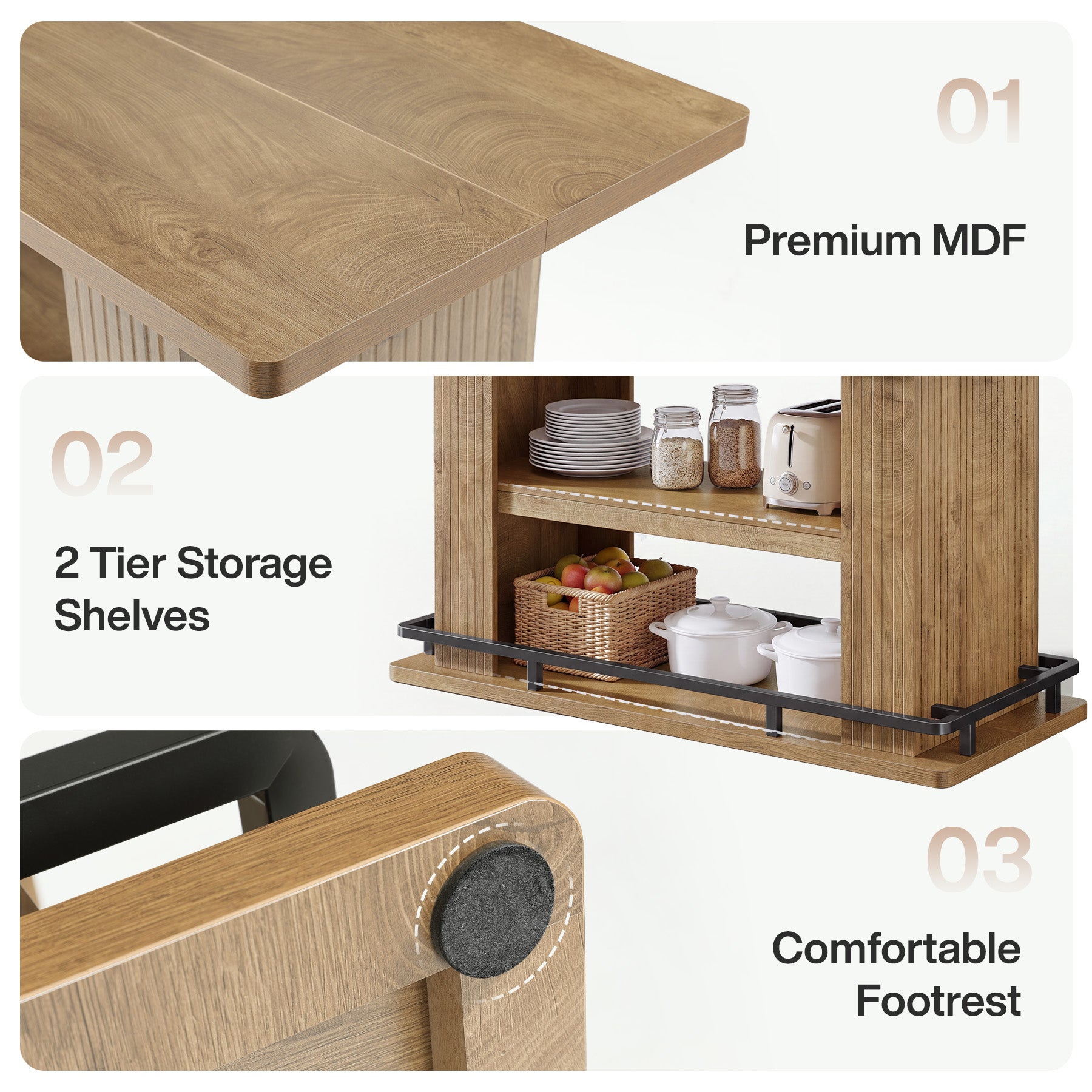 63" Kitchen Island, Stationary Island Table with Shelves & Metal Footrest for Kitchen
