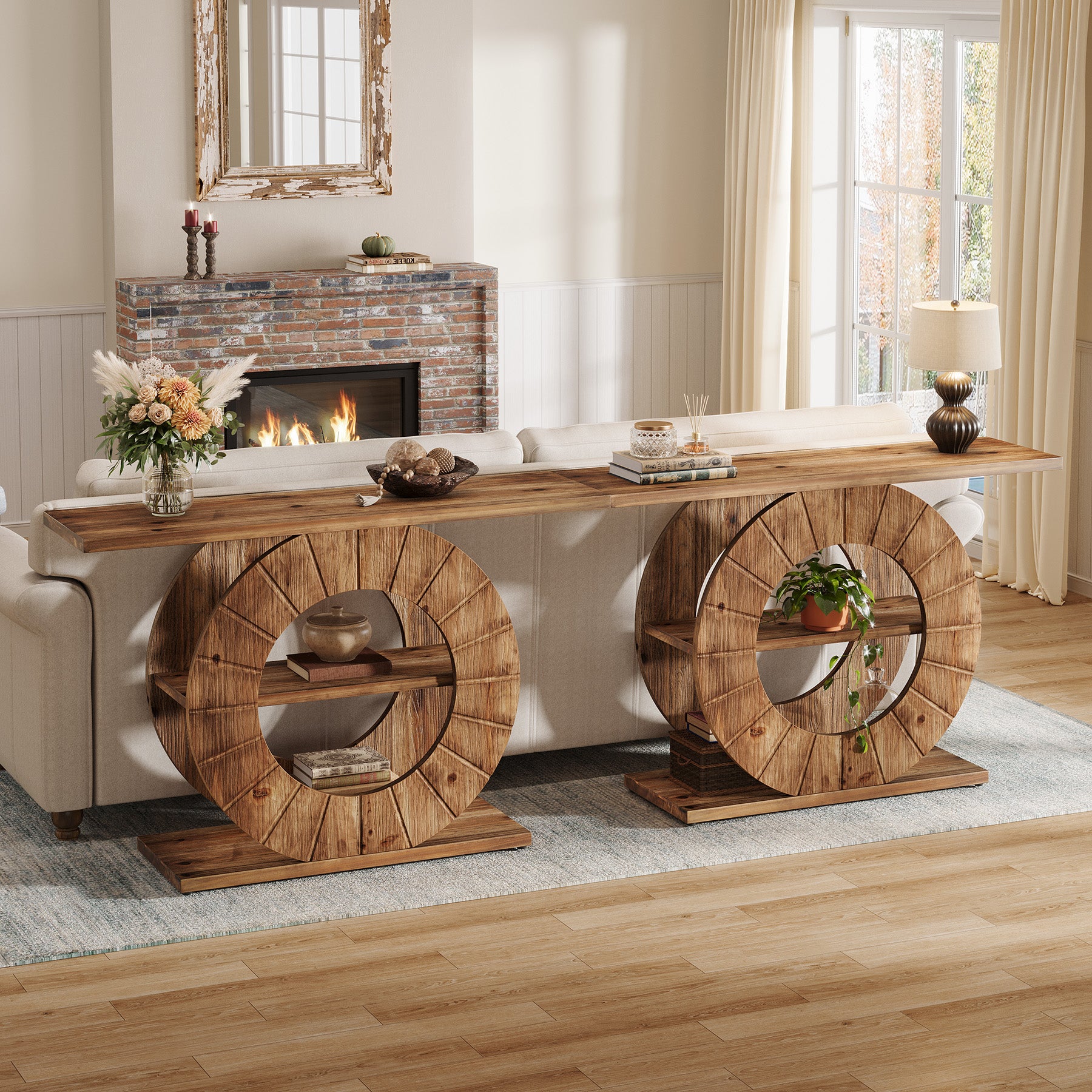 41" Solid Wood Farmhouse Console Table with 3-Tier Shelves, Narrow Sofa Table with Carved Circular Base