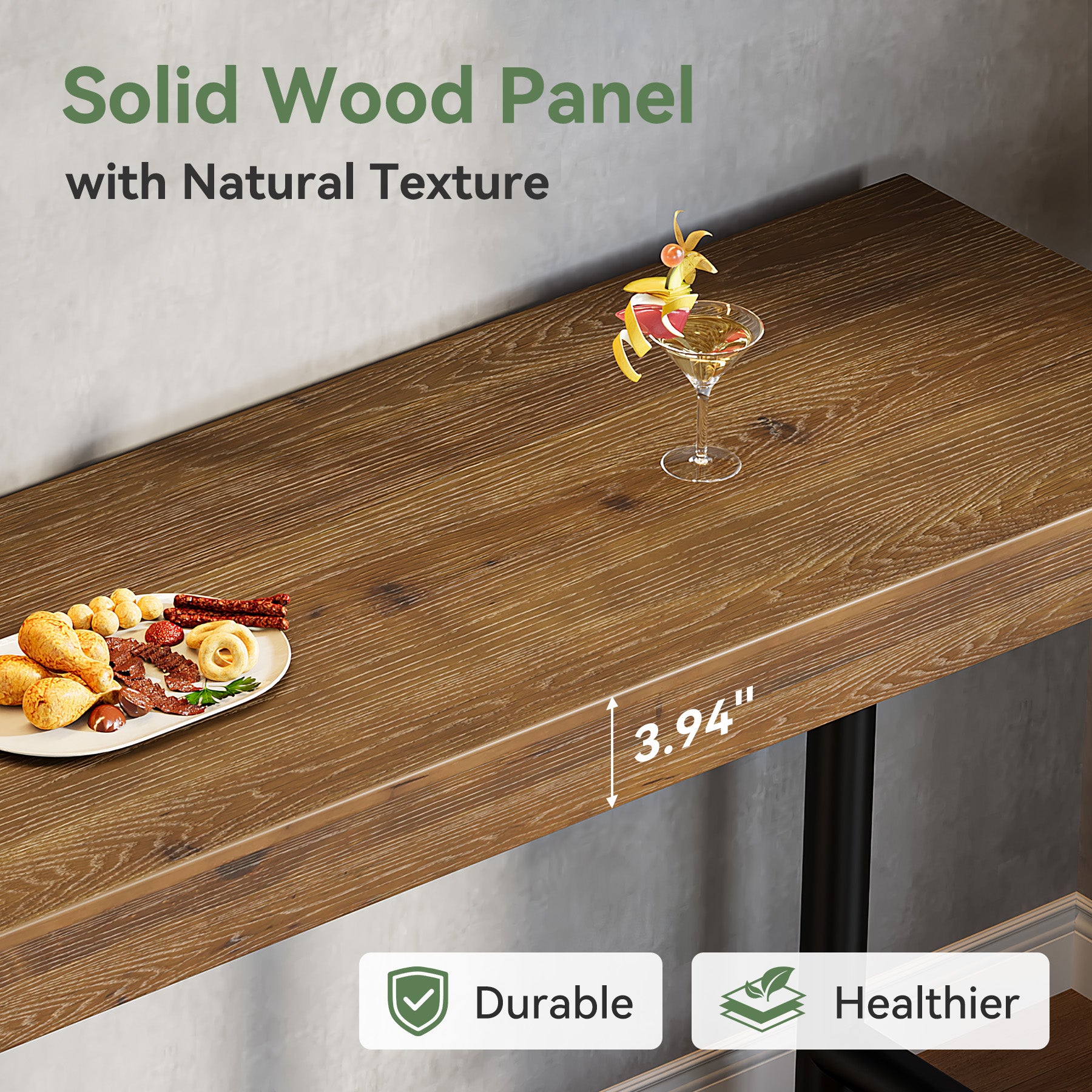 63" Solid Wood Bar Table, Rectangular Counter Height Pub Table with Metal Legs