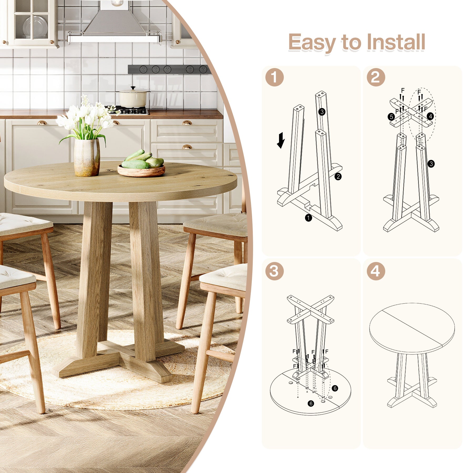 31.5" Round Dining Table, Small Kitchen Table with Sturdy Base for 2-4