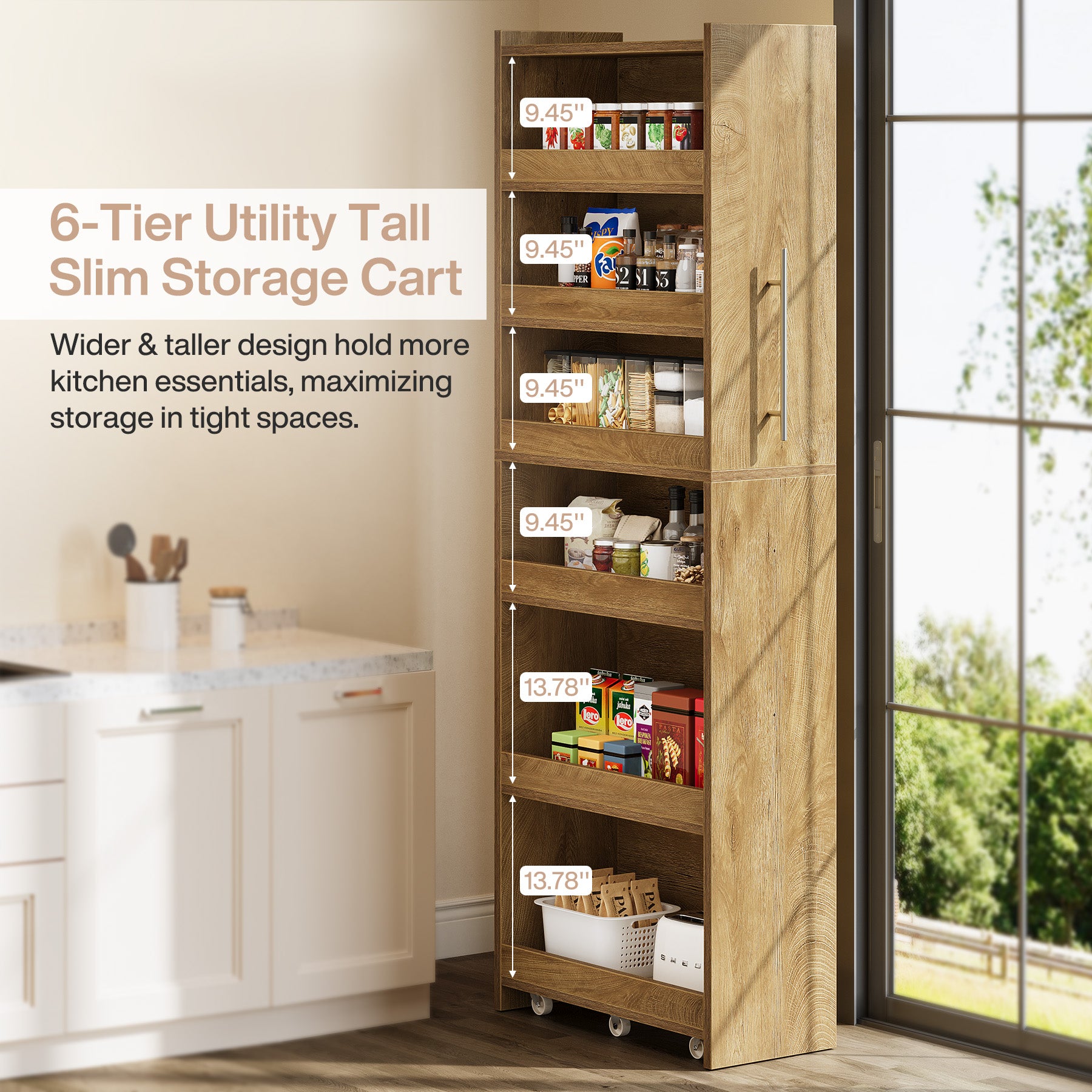 72.83" Slim Storage Cart with Wheels, 6-Tier Narrow Rolling Utility Pantry Cart for Kitchen
