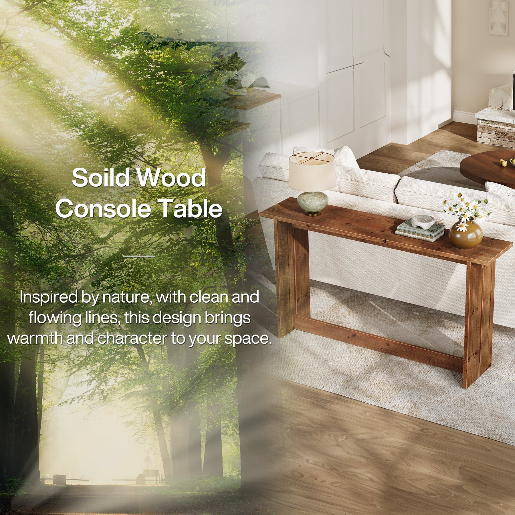 63“ Solid Wood Farmhouse Console Table with Bottom Shelf, Entryway Sofa Table for Hallway or Behind Couch