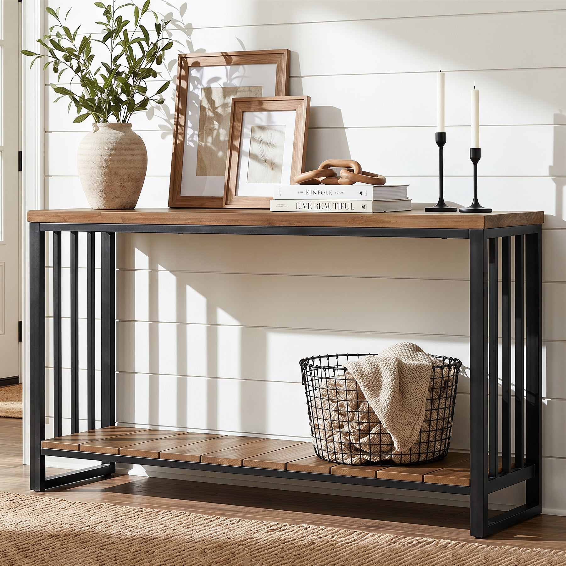 55" Solid Wood Console Table, 2-Tier Entryway Sofa Table with Metal Frame for Hallway & Living Room