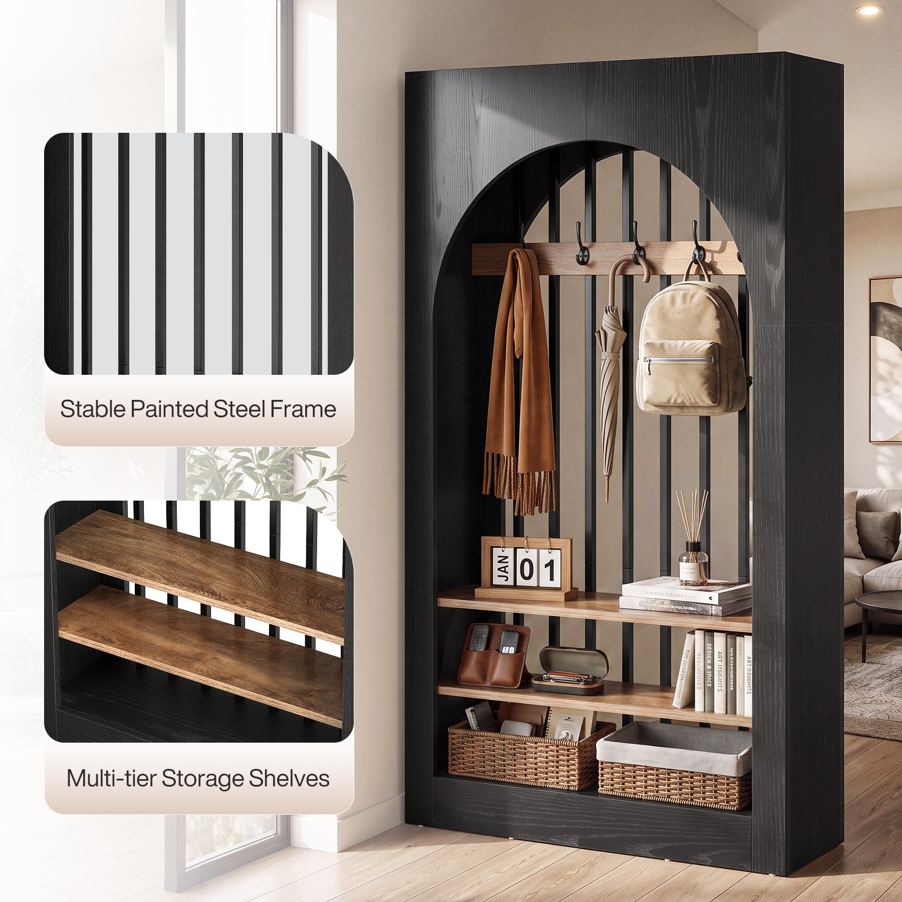 71" Arched Wall Room Divider, Modern Room Partition Privacy Screen with Hooks & Shelves