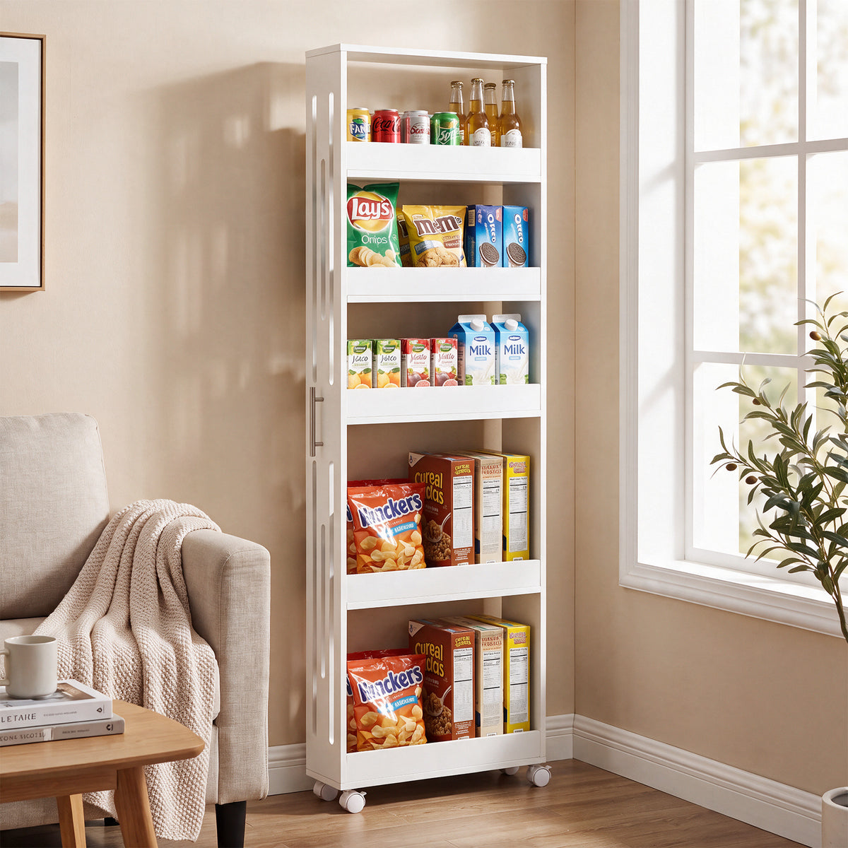65" Slim Storage Cart on Wheels, 5-Tier Kitchen Cart Skinny Utility Mobile Shelf Organizer