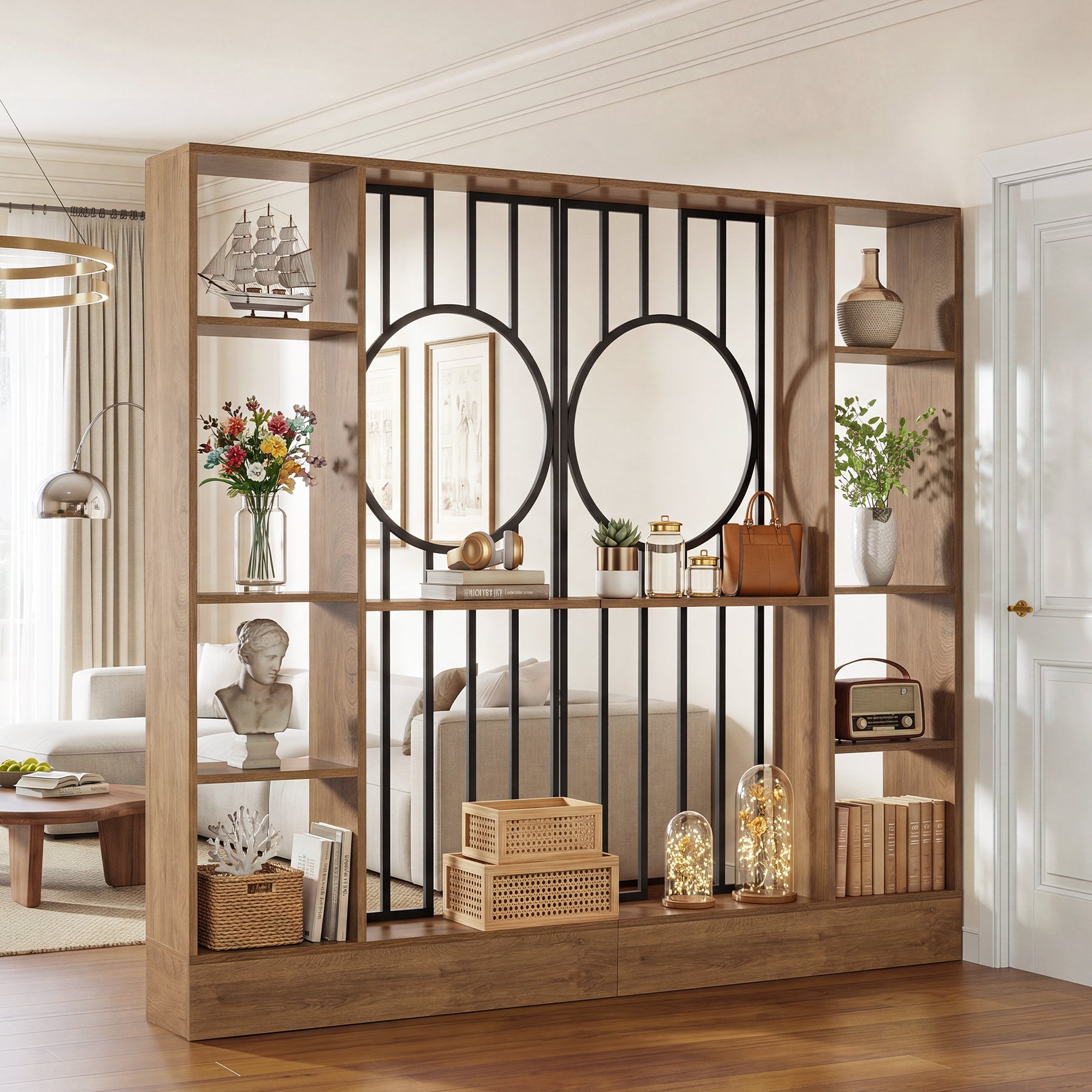 70.8" Wall Room Divider, Free-Standing Room Partition with Shelves