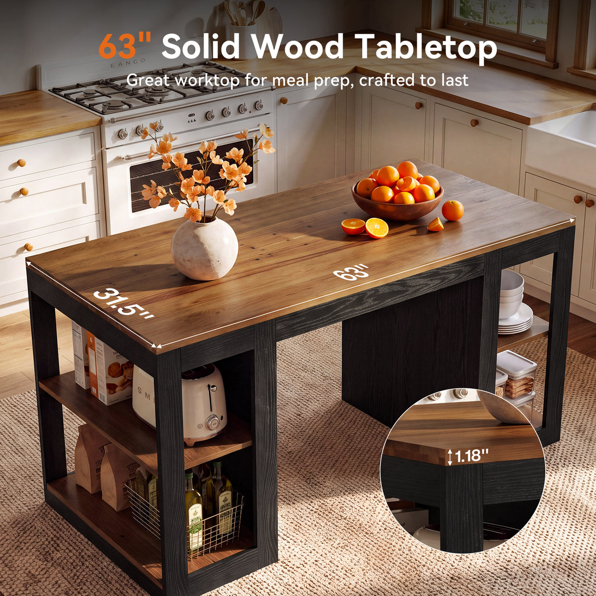 63" Farmhouse Solid Wood Kitchen Island, 2-Tier Side Storage