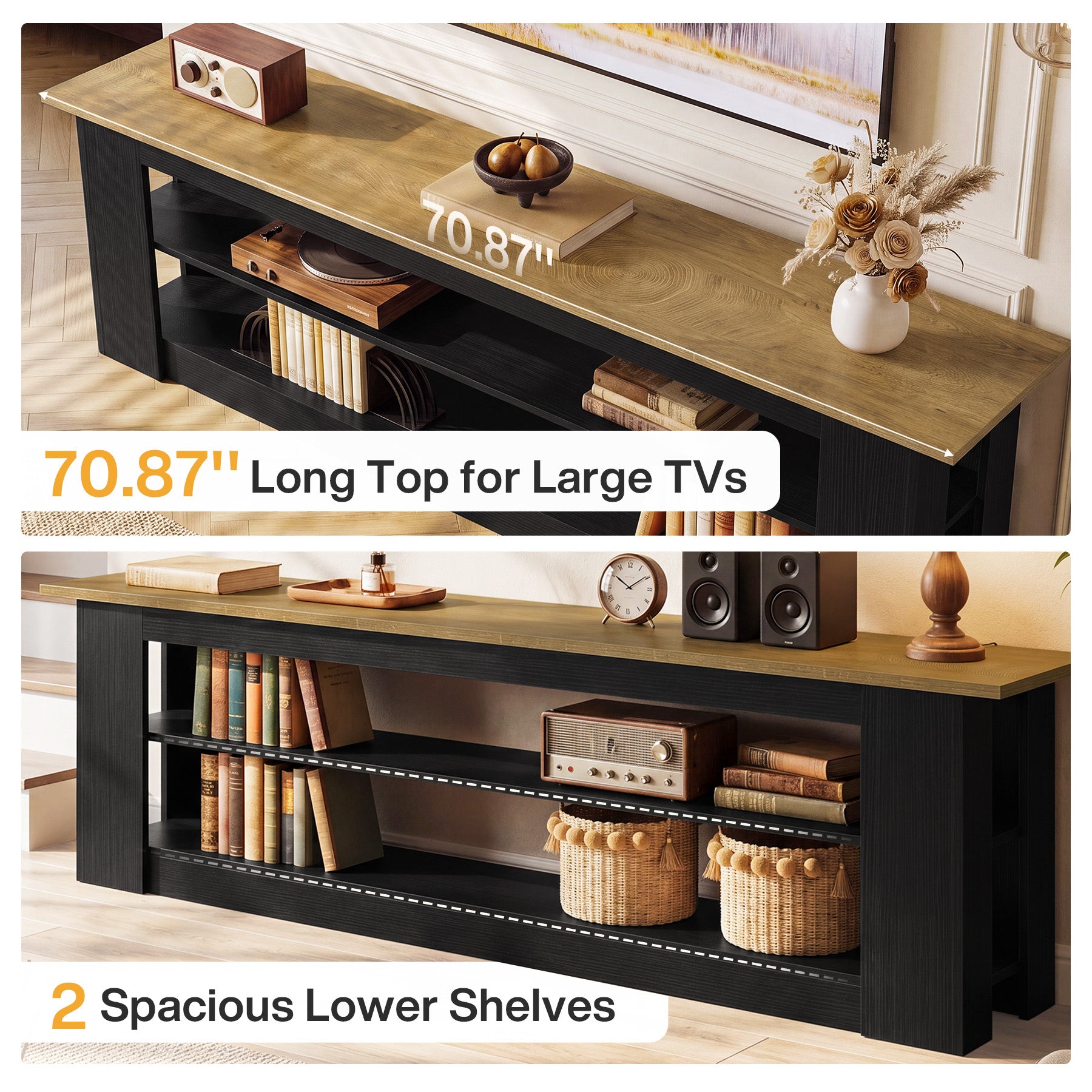 70.87" TV Stand for TVs up to 80", Farmhouse Entertainment Center with Storage Shelves