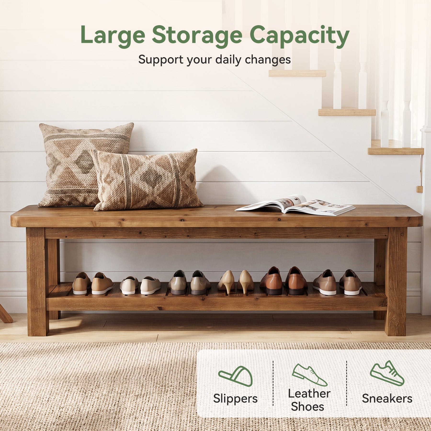 63" Solid Wood Entryway Bench with Storage, 2-Tier Farmhouse Shoe Bench for Hallway