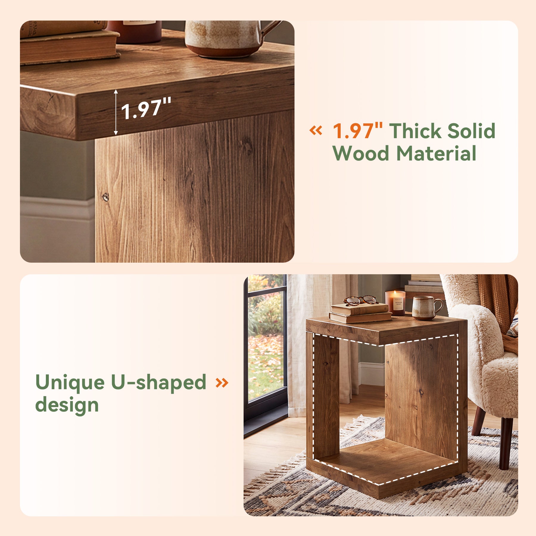 Solid Wood End Table, 2-Tier Side Table with Hollow-Frame for Living Room, Bedroom