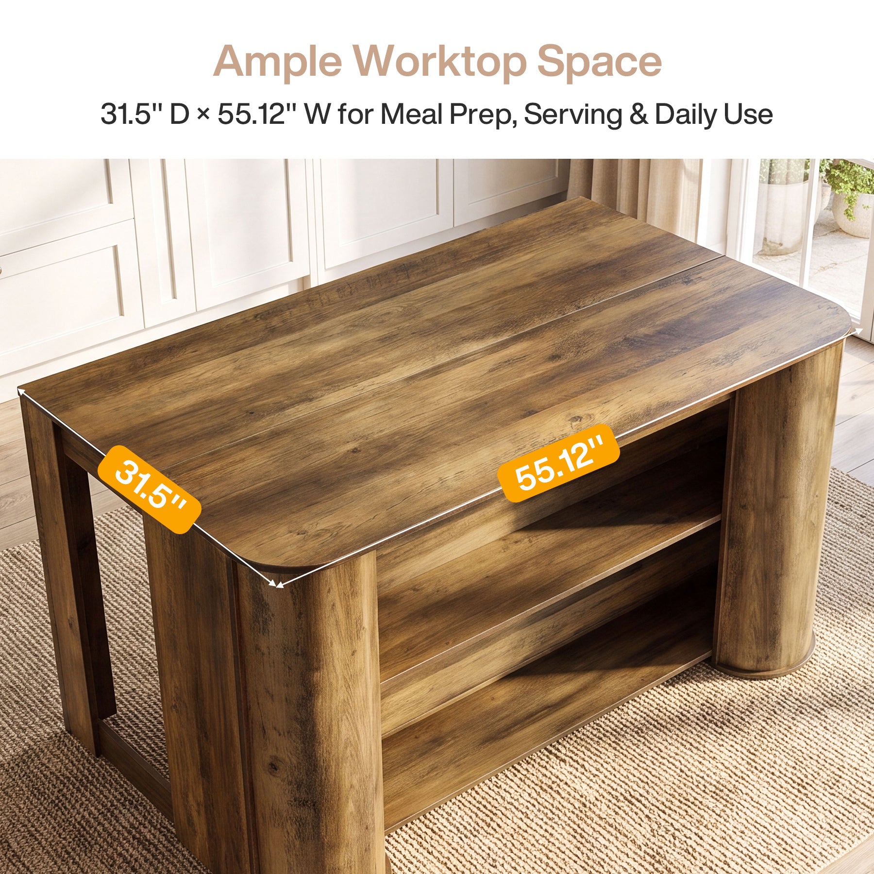 55" Kitchen Island, Farmhouse Stationary Island Table with 2-Tier Storage Shelves