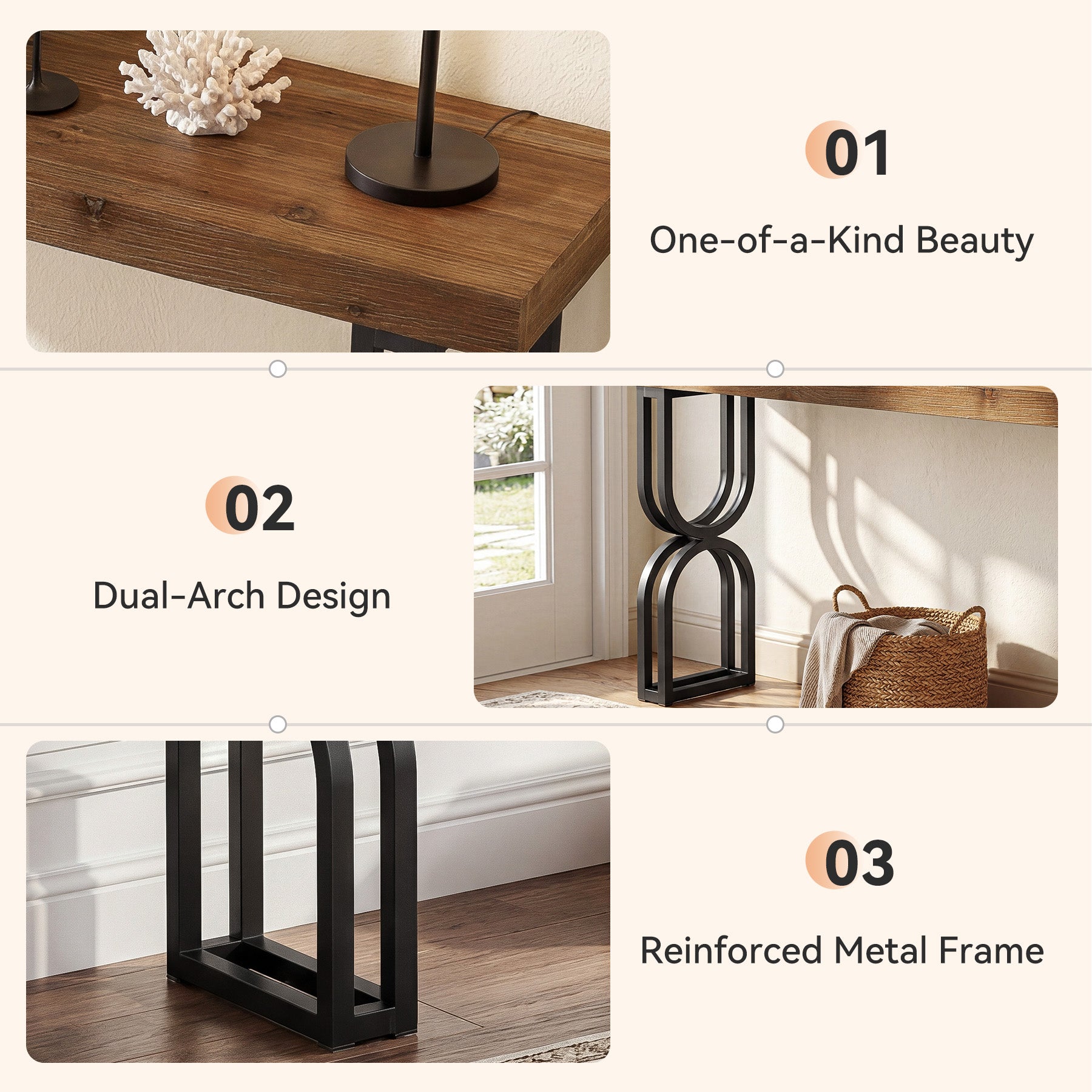 59" Solid Wood Console Table, Narrow Sofa Table with Metal U-Shaped Legs, Industrial Entryway Table for Hallway & Living Room