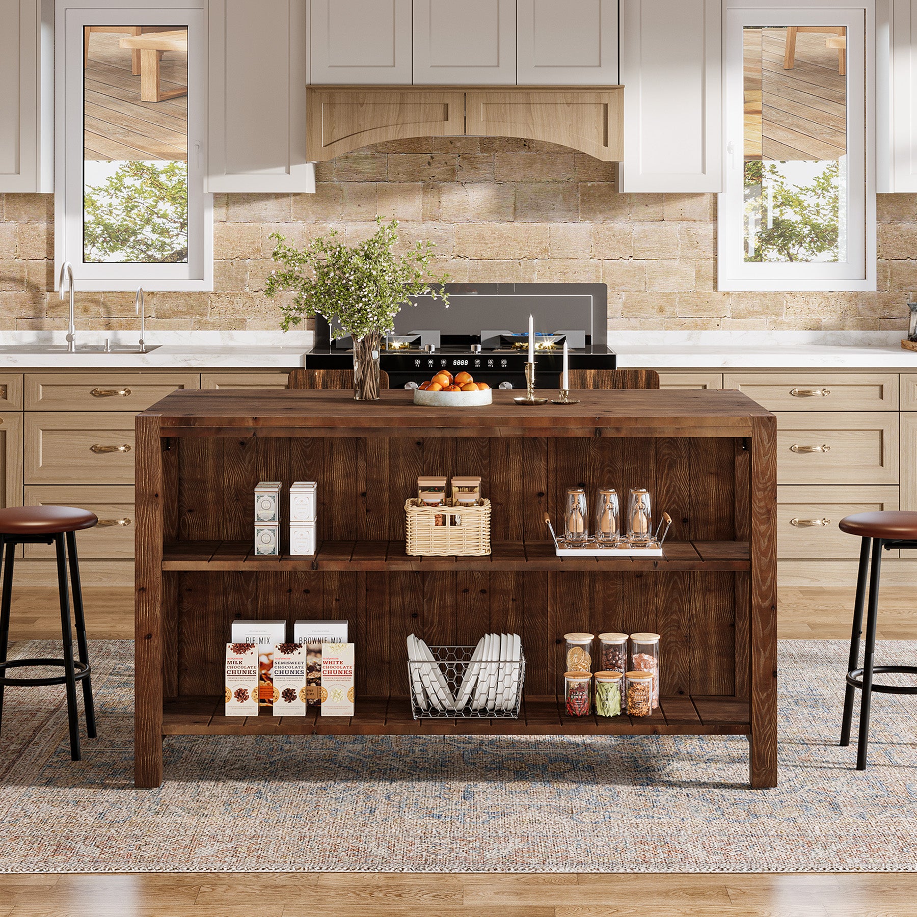 59" Farmhouse Kitchen Island, Solid Wood Dining Prep Table With 2 Open Storage Shelves