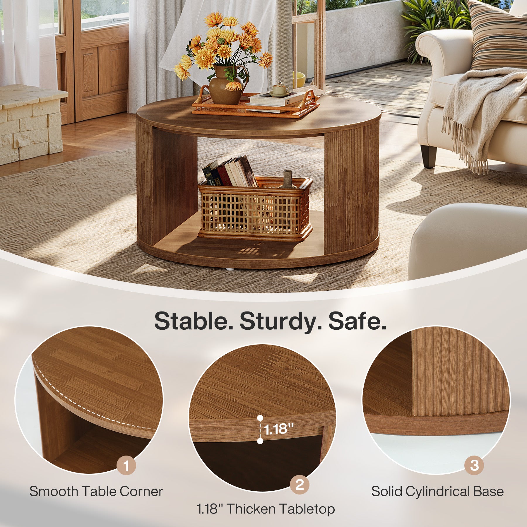 Round Coffee Table, 31.5" Center Table with Fluted Drum Base and Alcove Storage