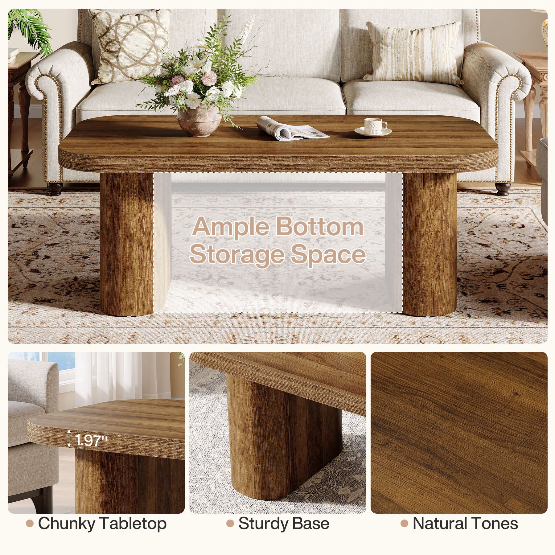 47-Inch Farmhouse Coffee Table, Rectangular Center Table with Rounded Corners and Sturdy Base