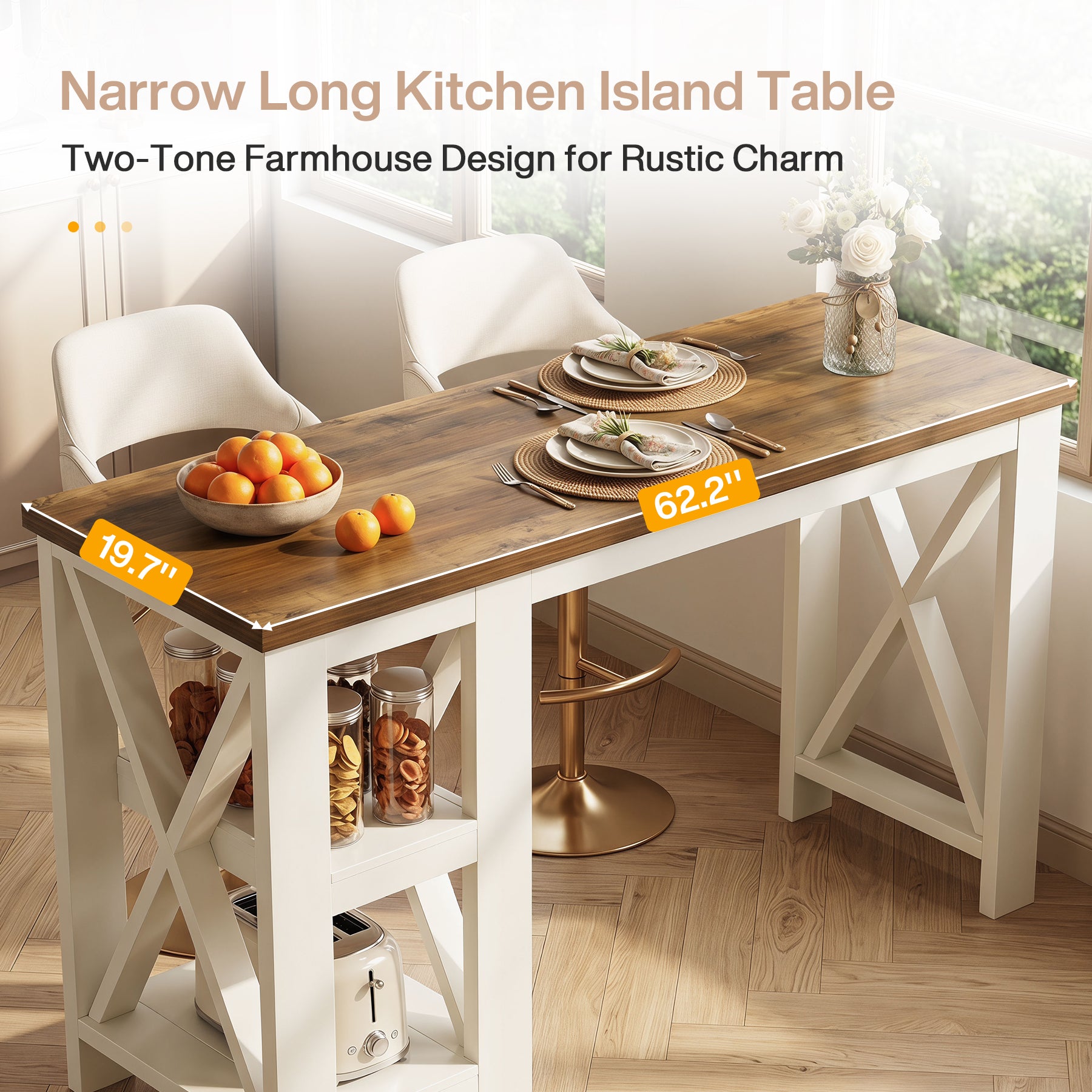 62.2" Kitchen Island, Large Counter Height Bar Table with Side Storage Shelves