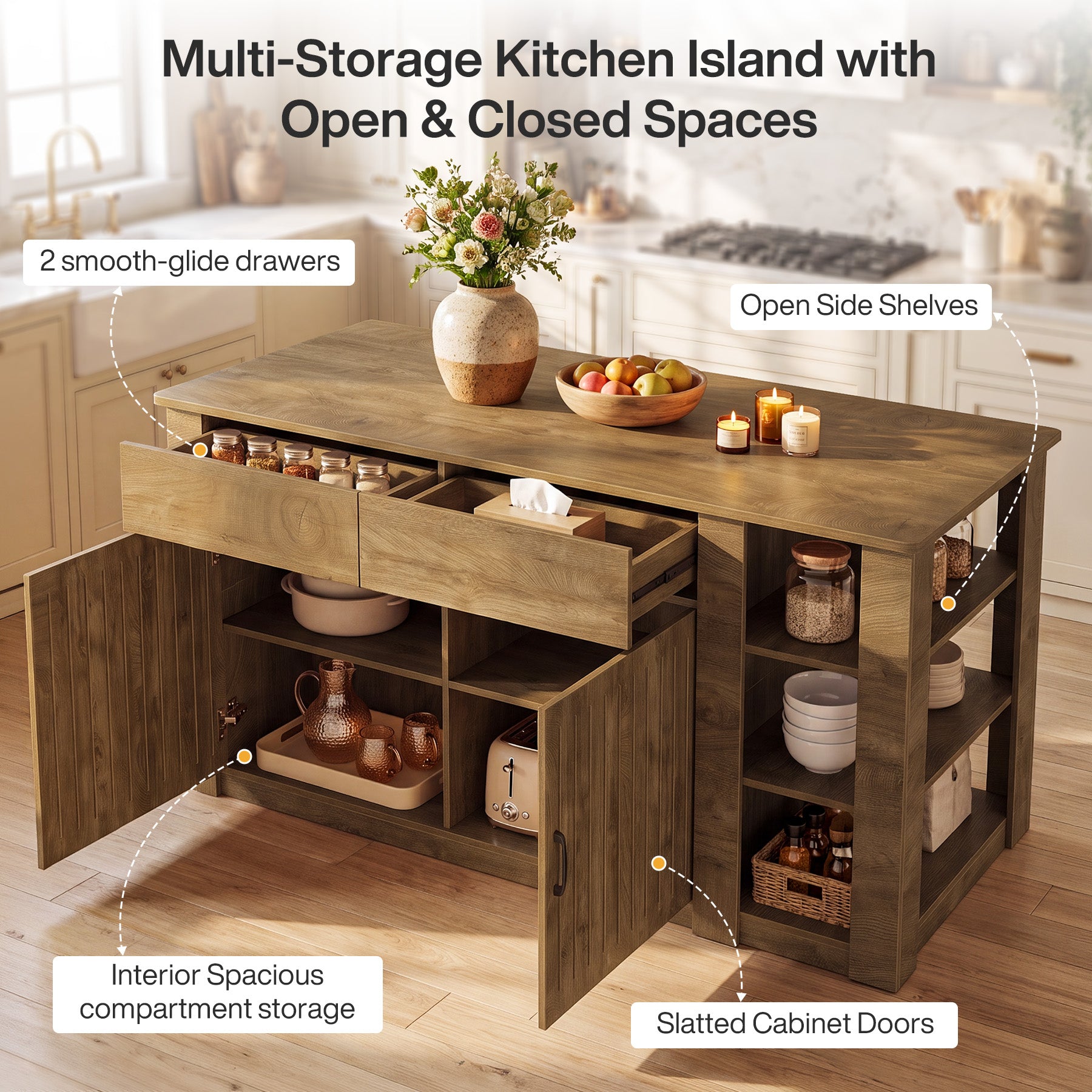 71" Large Kitchen Island with Storage & Seating, Farmhouse Island Table, Prep & Coffee Bar