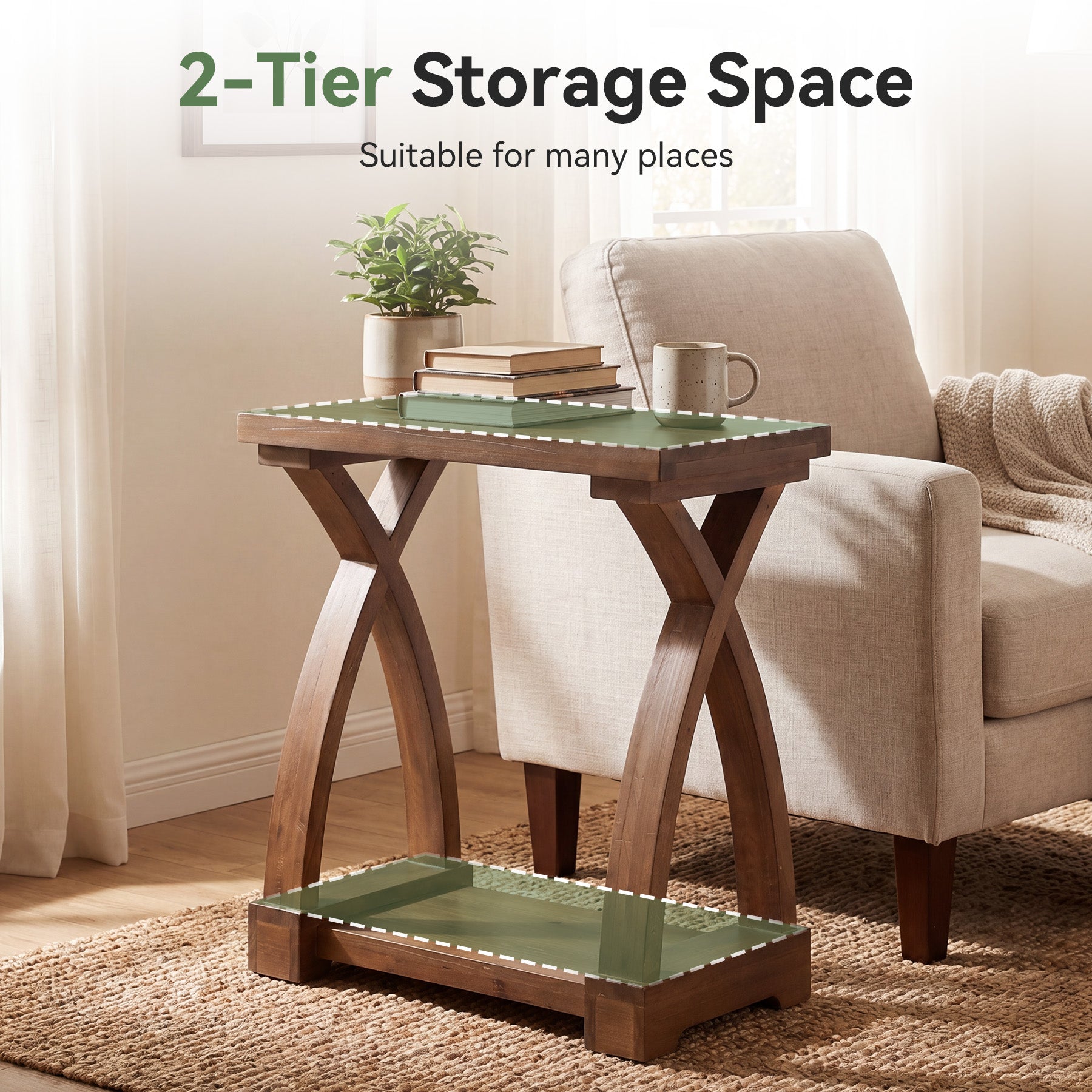 23.62" Solid Wood End Table, 2-Tier Side Table with Curved X-Frame for Small Spaces