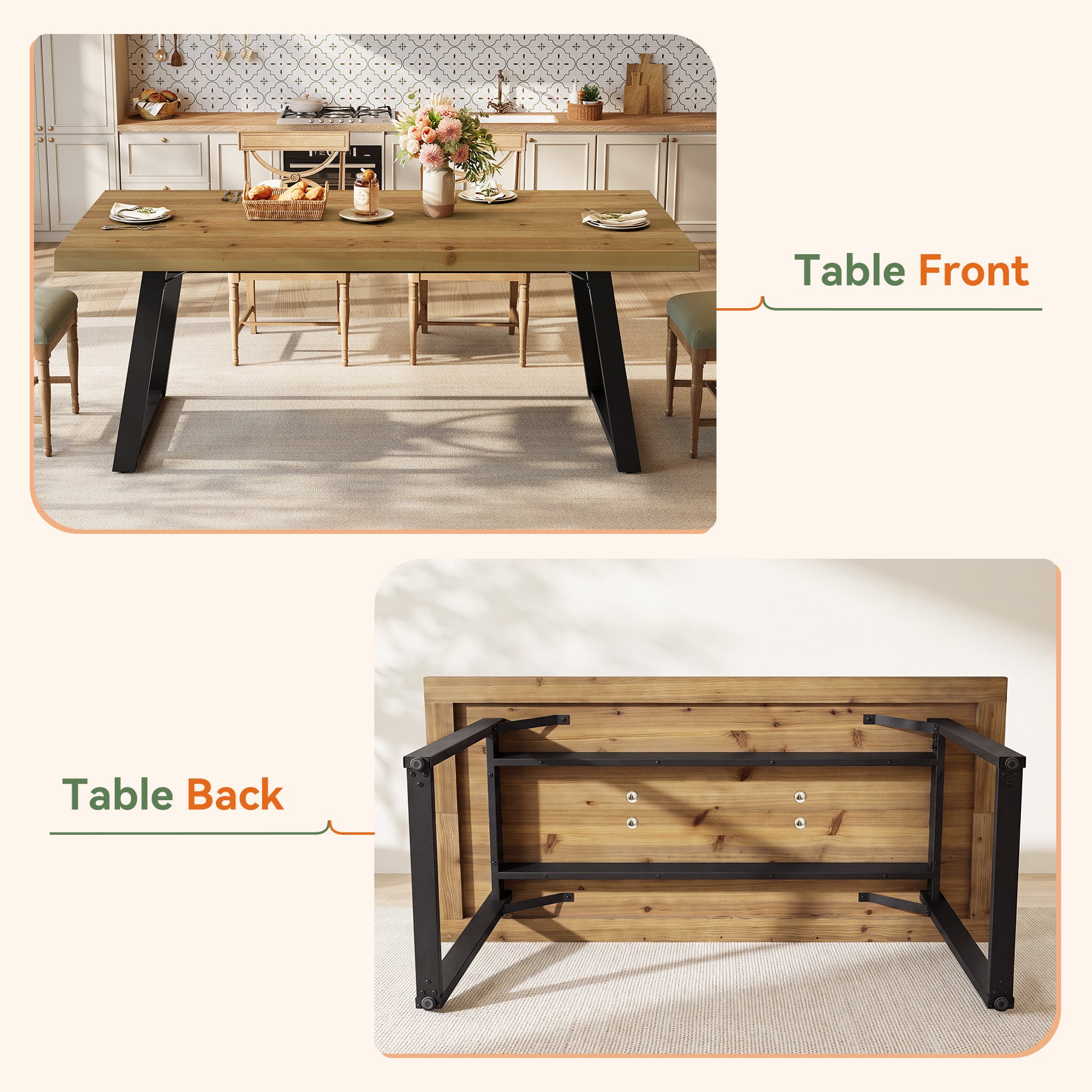 63" Solid Wood Dining Table for 4-6, Rectangular Kitchen Table with Metal Legs