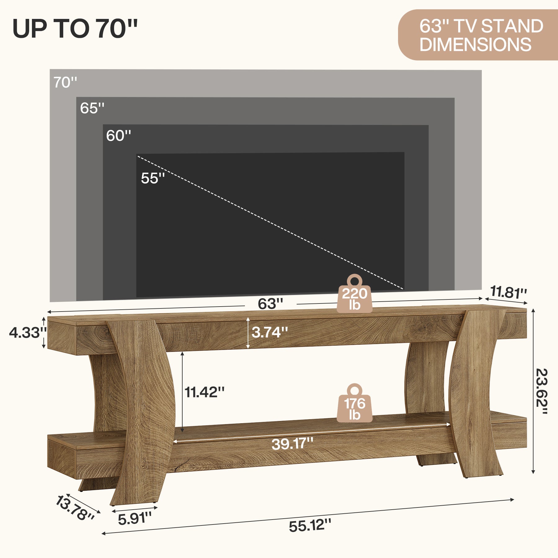 63" TV Stand with Storage, 2-Tier TV Console Entertainment Center for 70" TVs