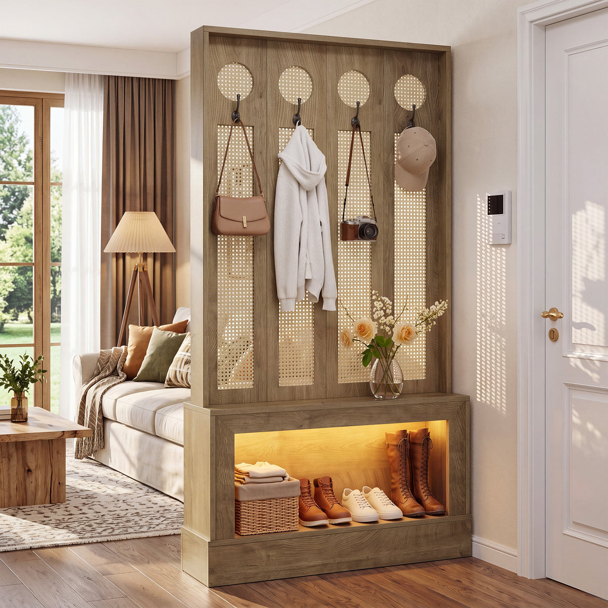 69.7" Wall Room Divider with LED Light, Rattan Room Partition with Shelves & 4 Hooks for Living Room