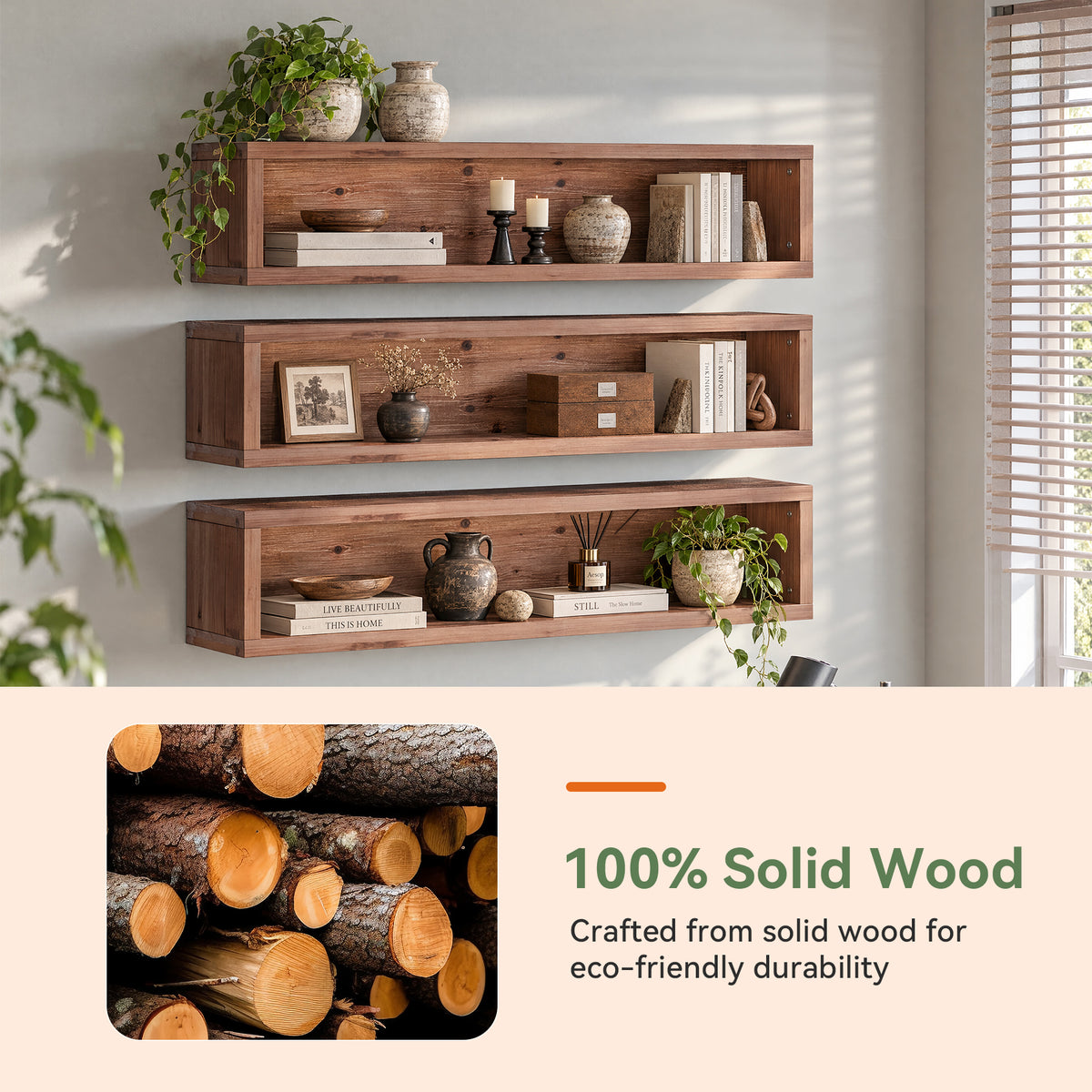47" Solid Wood Floating Cube Shelves, Set of 3, Wall-Mounted Open Display Storage