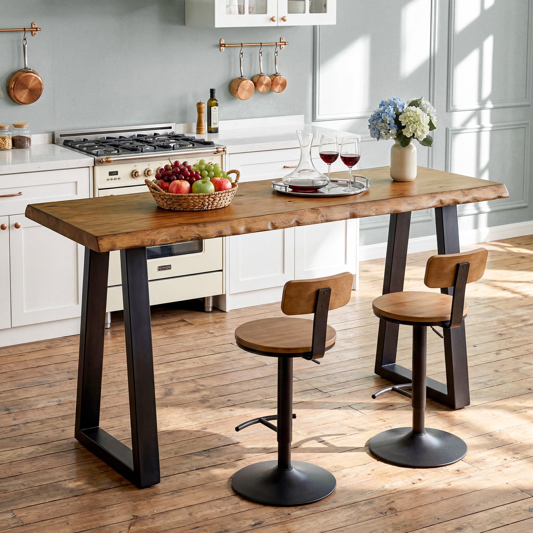 Solid Wood Bar Table, 63” Counter Height Table with Metal Legs for Kitchen