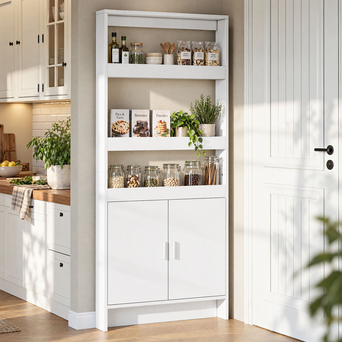 70.9" H Behind The Door Bookshelf, 5-Tier Narrow Bookcase with Open Shelves & Closed Cabinet