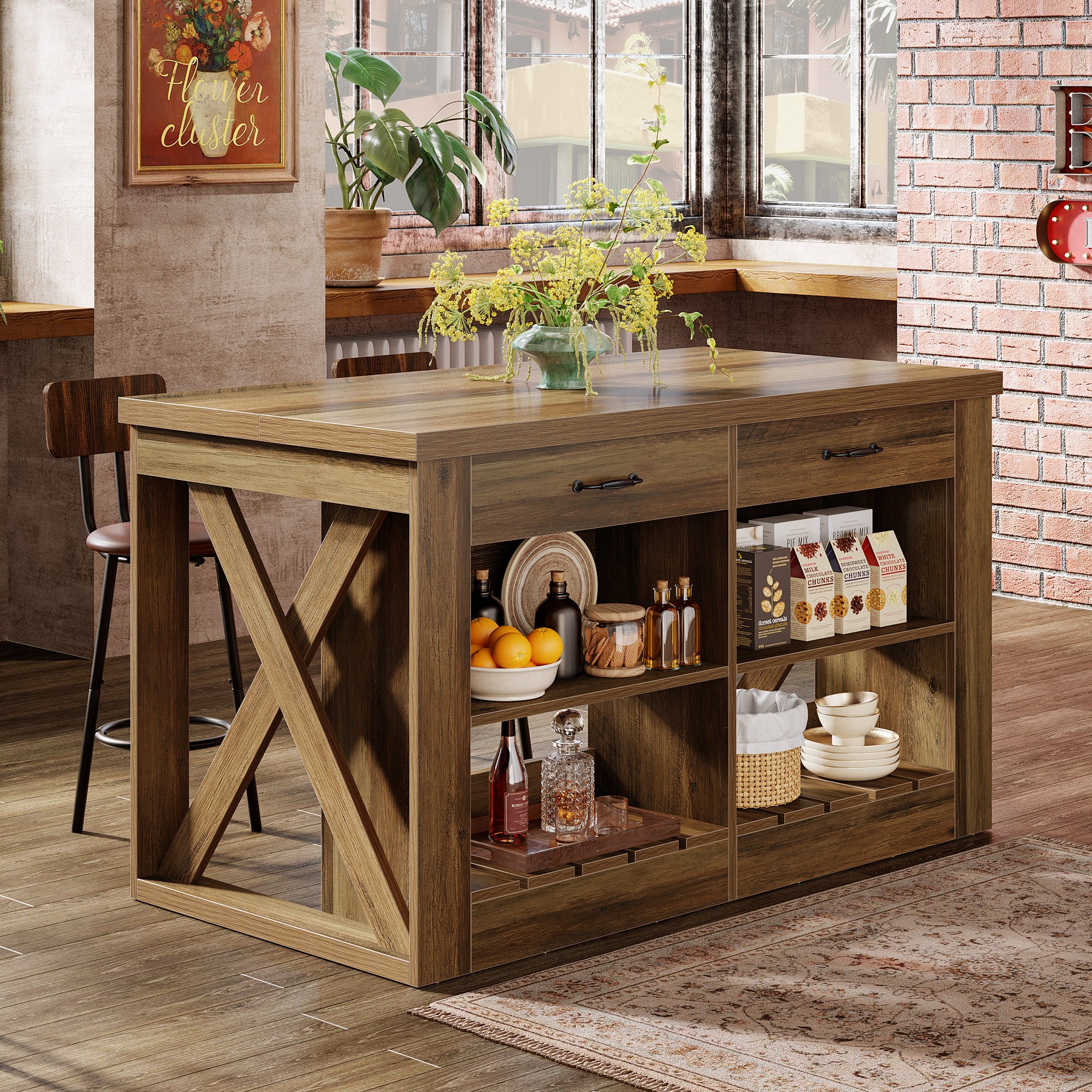 55" Kitchen Island, Wooden Bar Table with 2 Drawers and Open Shelf