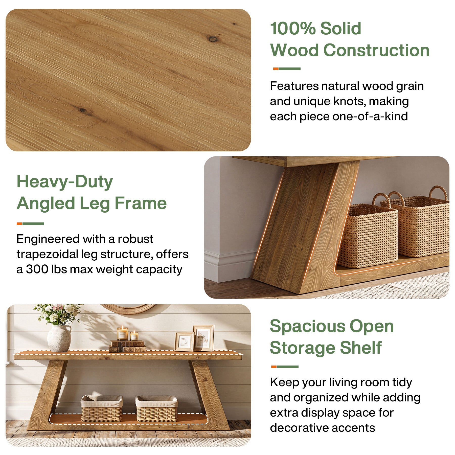 63" Solid Wood Console Table, Farmhouse Sofa Table with 2-Tier Open Shelf for Entryway